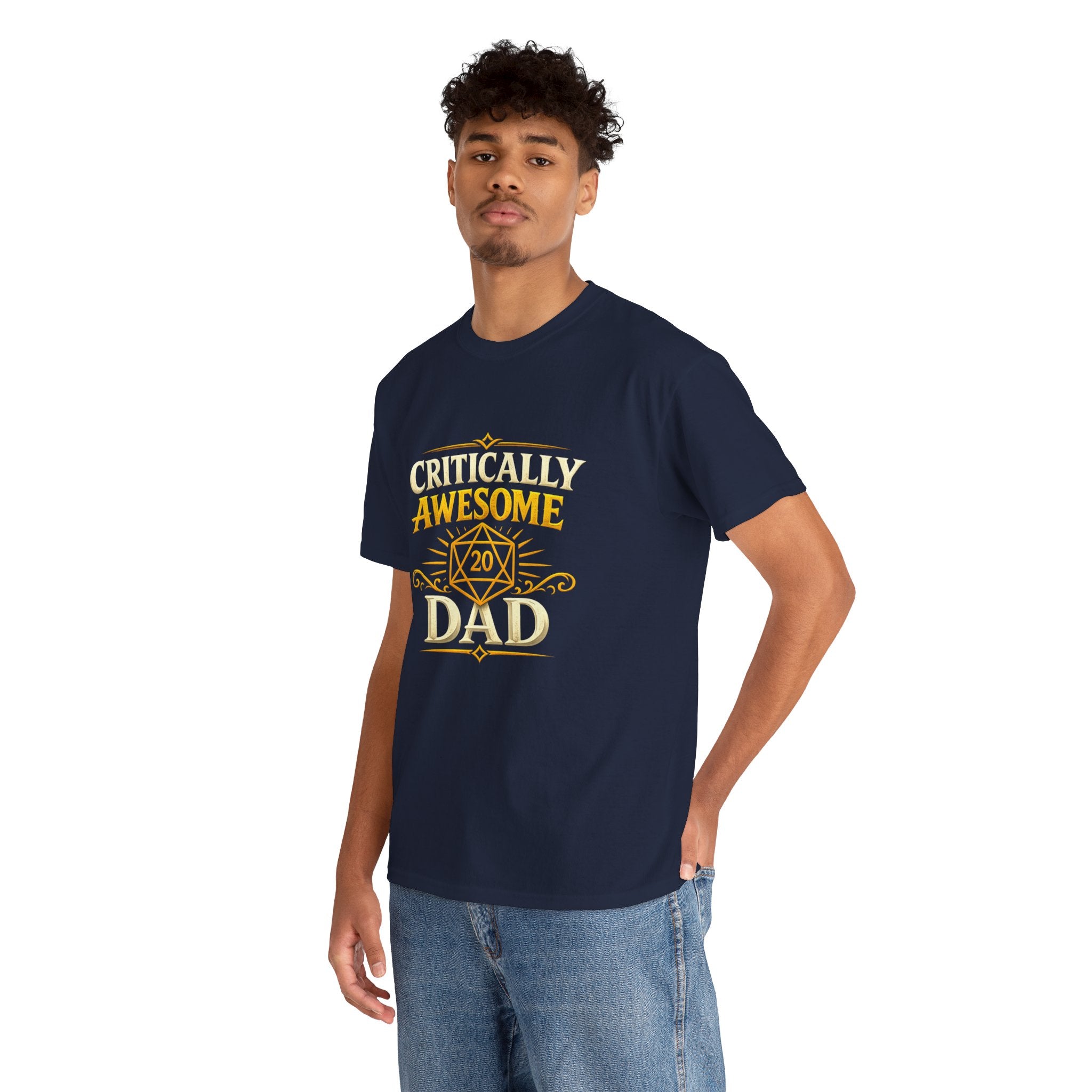 Critically Awesome Dad T‑Shirt – Gold D20 Gaming Father Tee (Father’s Day, Gamer Dad Gift)