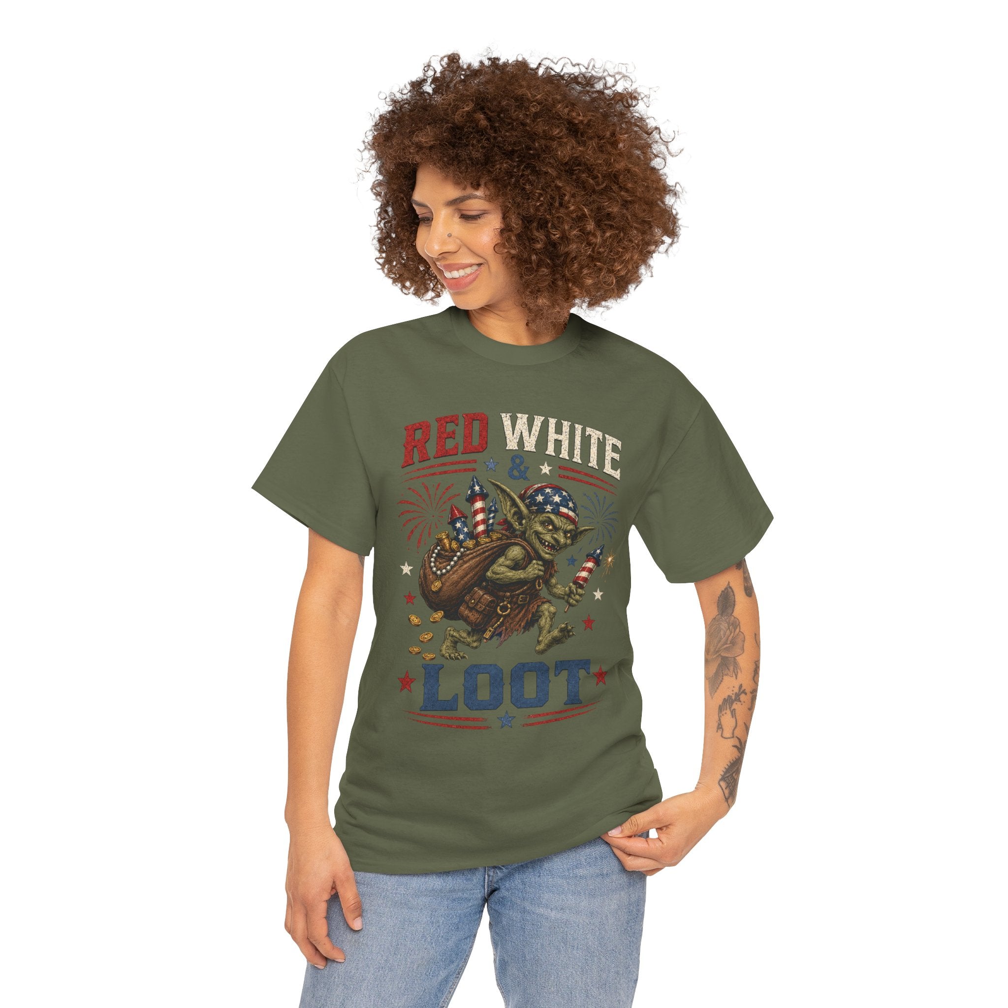 Red White & Loot Goblin Illustration Tee | Patriotic Fourth of July Shirt