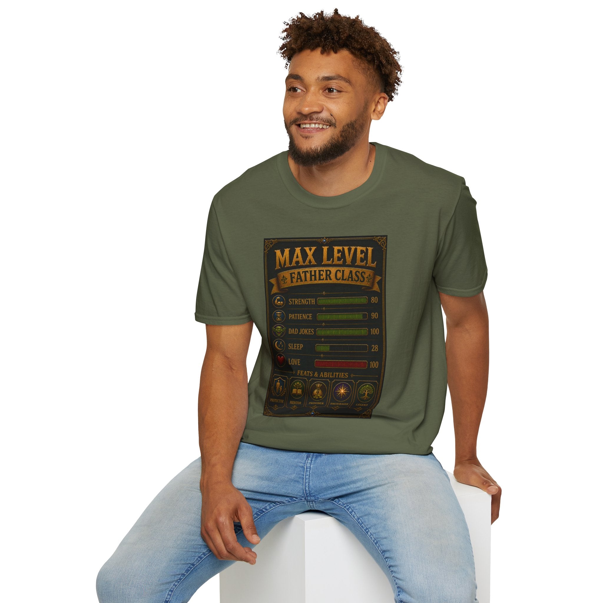T-Shirt — "Max Level Father Class" Funny Gamer Dad Shirt (Strength, Patience, Dad Jokes)
