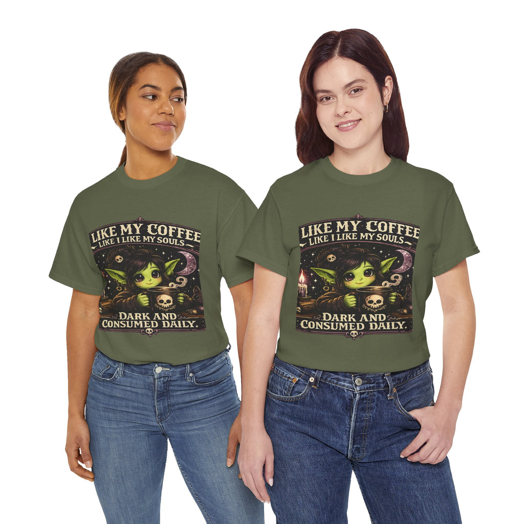 Like My Coffee Tee — "Like My Coffee Like I Like My Souls: Dark and Consumed Daily" Gothic Graphic T-Shirt