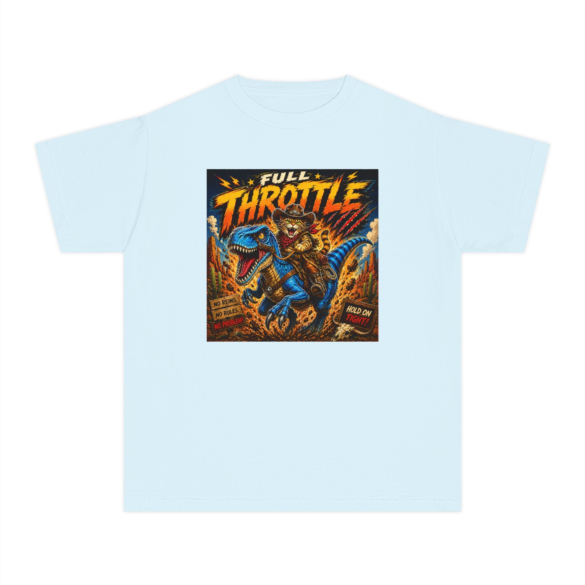 Full Throttle Kids Shirt | Cowboy Riding Dinosaur Tee | Retro Raptor Youth Shirt