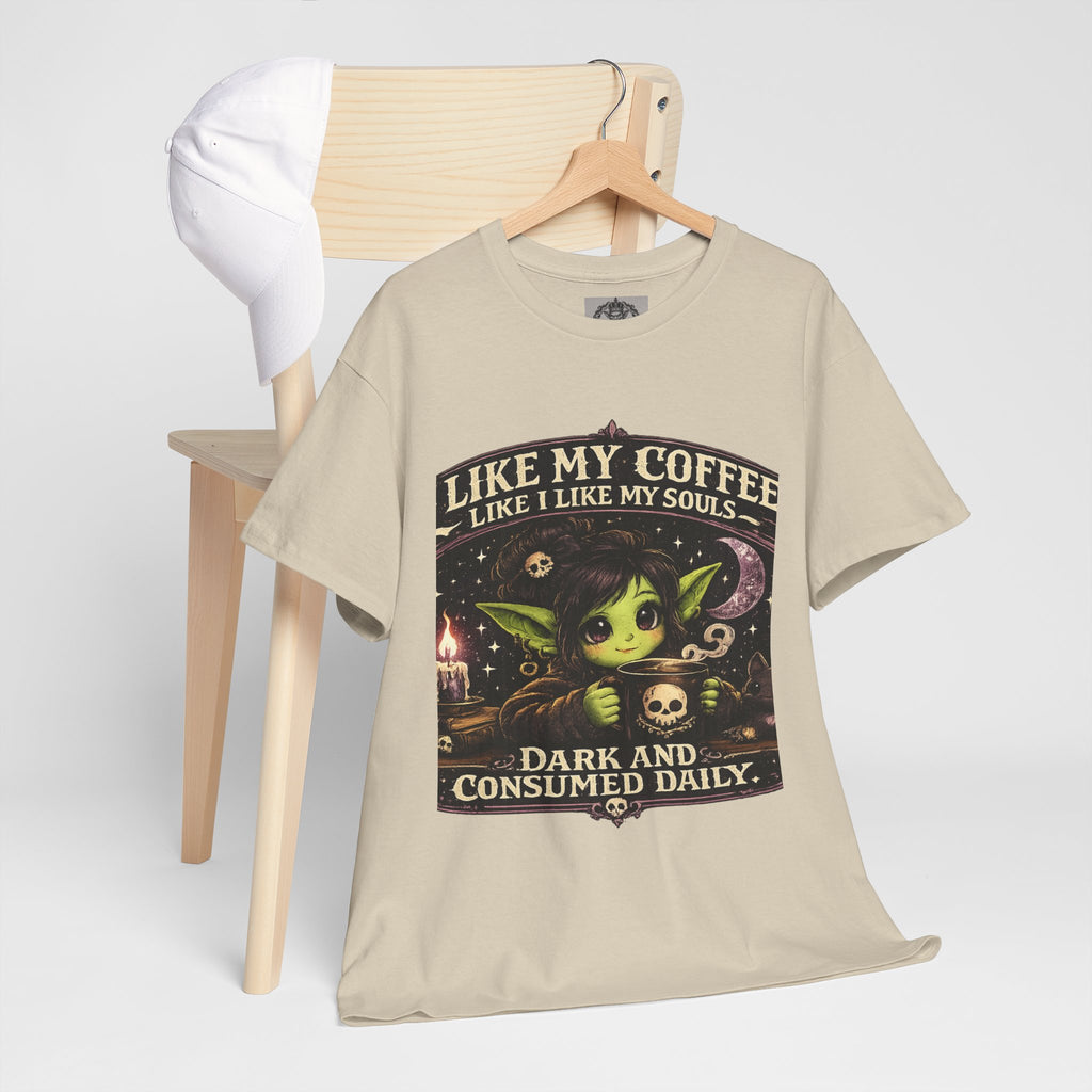 Like My Coffee Tee — "Like My Coffee Like I Like My Souls: Dark and Consumed Daily" Gothic Graphic T-Shirt