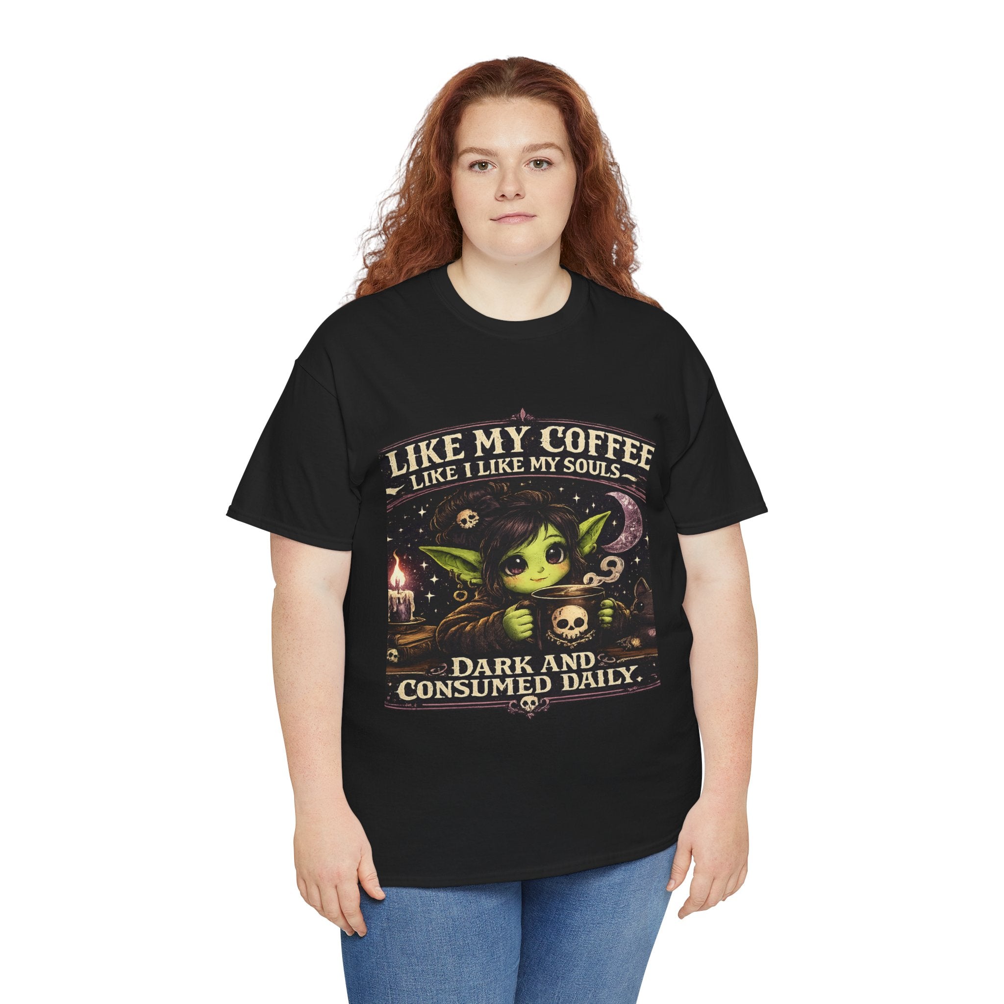 Like My Coffee Tee — "Like My Coffee Like I Like My Souls: Dark and Consumed Daily" Gothic Graphic T-Shirt