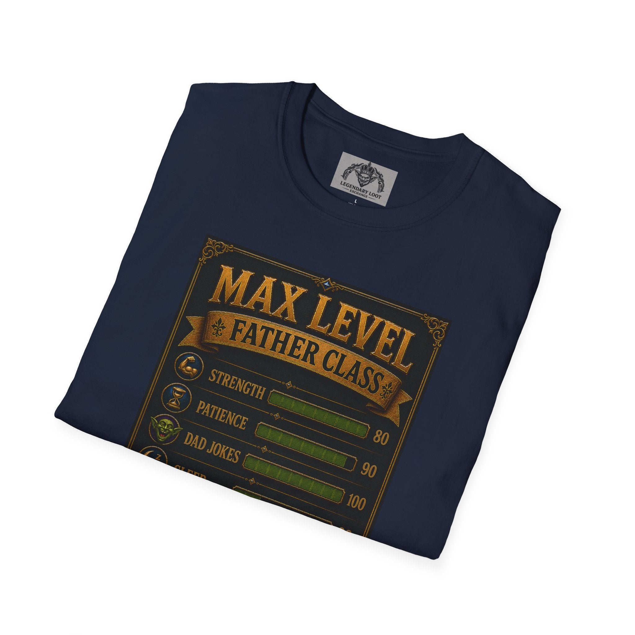 T-Shirt — "Max Level Father Class" Funny Gamer Dad Shirt (Strength, Patience, Dad Jokes)