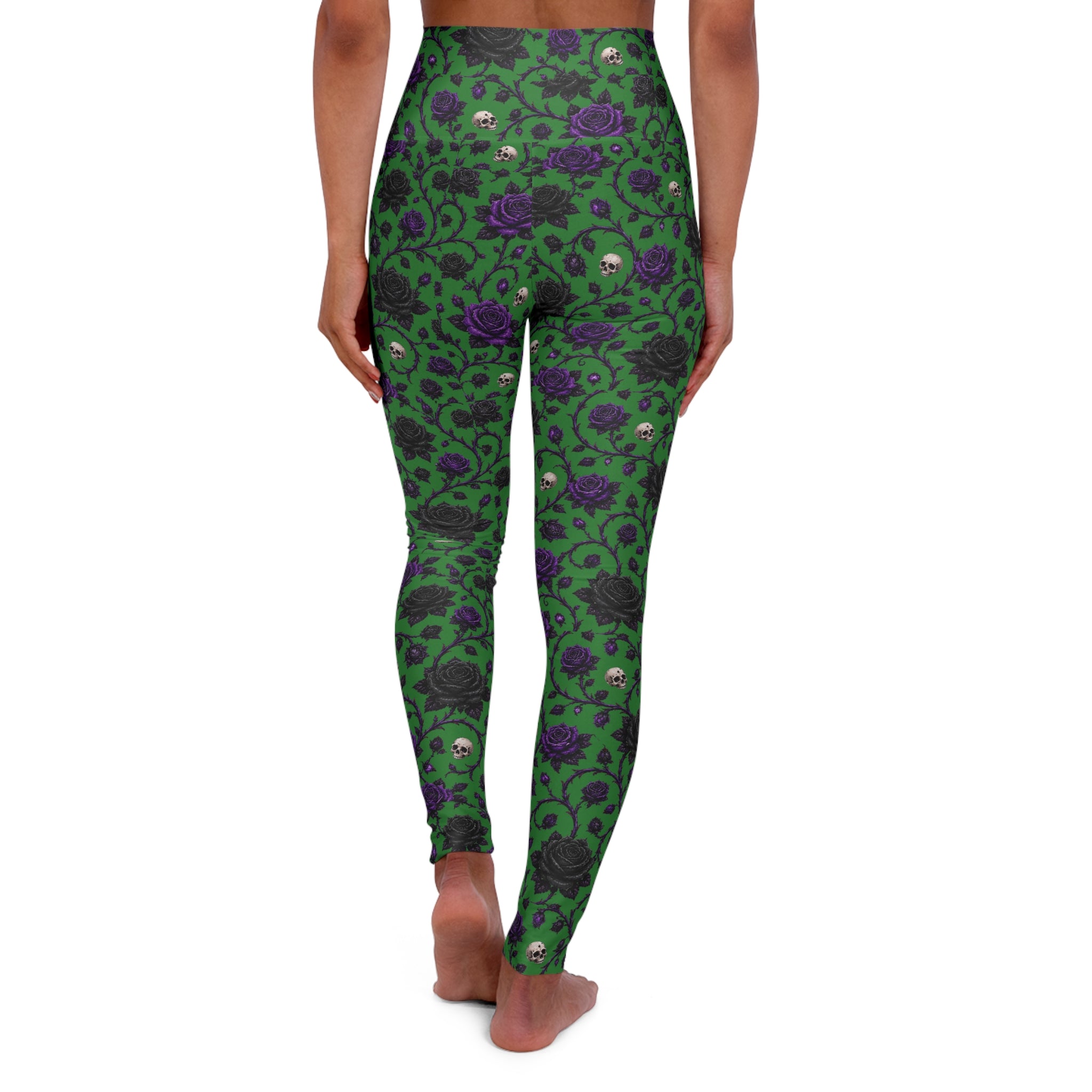 High-Waist Floral Skull Yoga Leggings — Green & Purple All-Over Print