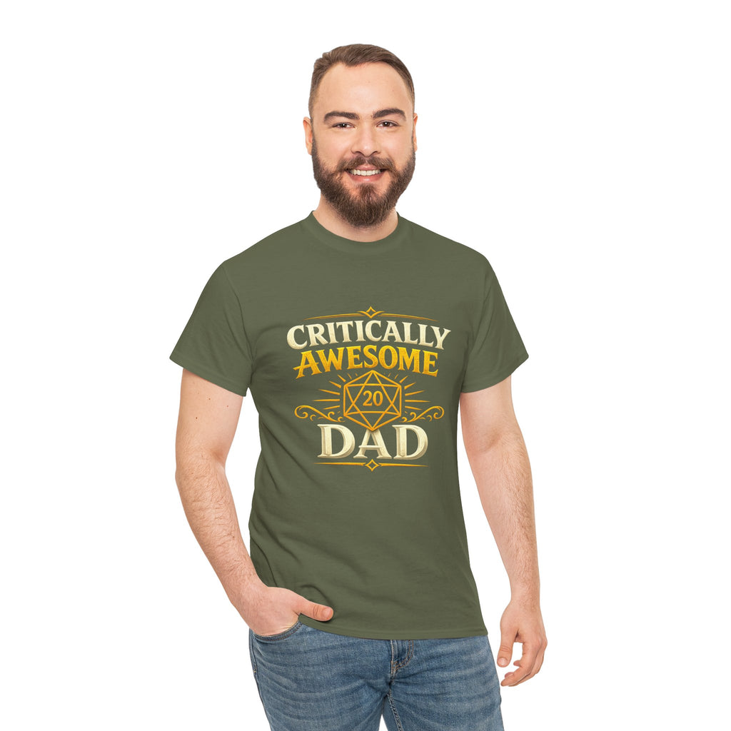 Critically Awesome Dad T‑Shirt – Gold D20 Gaming Father Tee (Father’s Day, Gamer Dad Gift)
