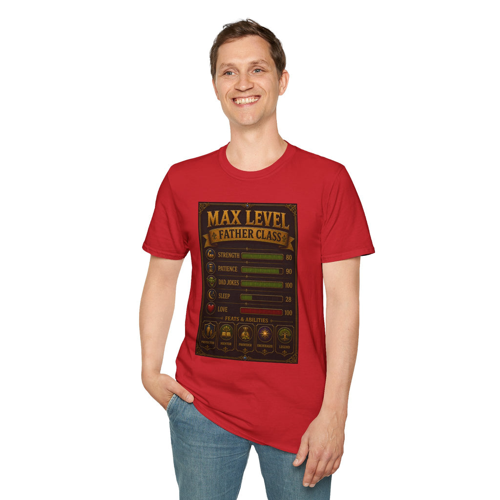 T-Shirt — "Max Level Father Class" Funny Gamer Dad Shirt (Strength, Patience, Dad Jokes)