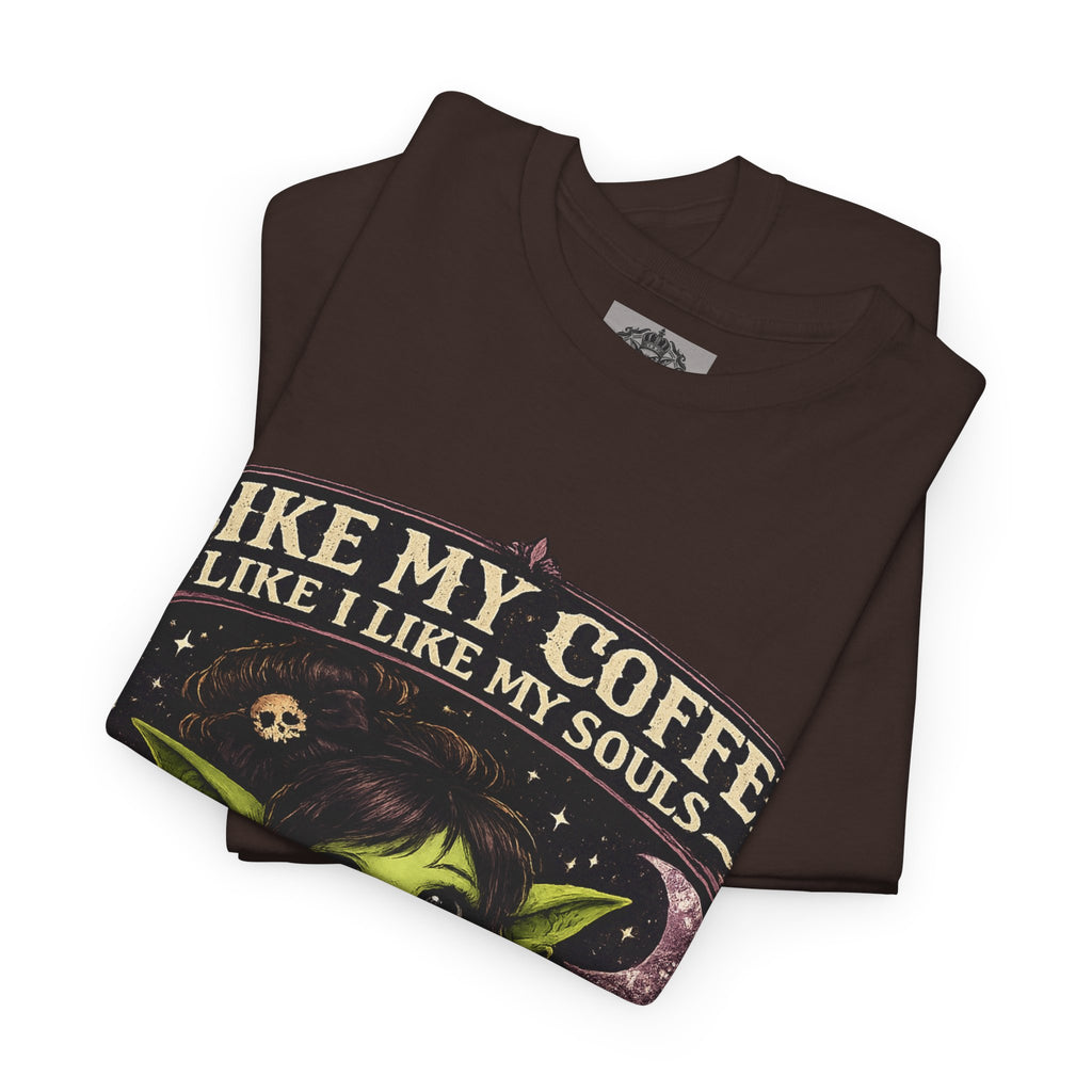 Like My Coffee Tee — "Like My Coffee Like I Like My Souls: Dark and Consumed Daily" Gothic Graphic T-Shirt