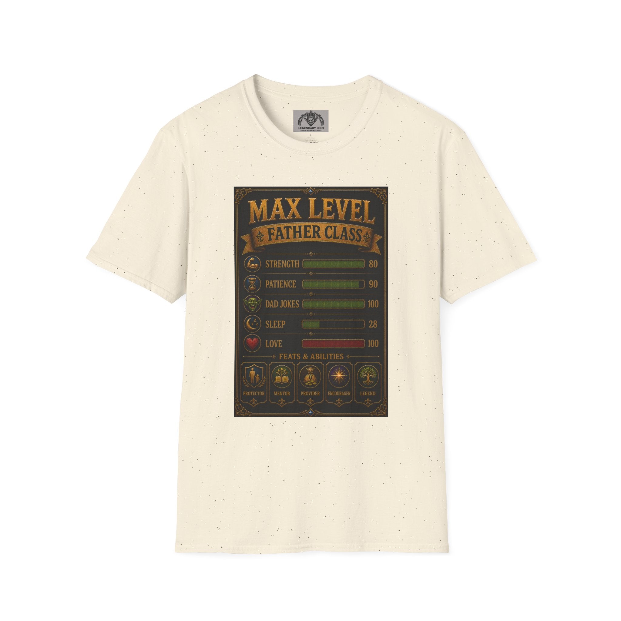T-Shirt — "Max Level Father Class" Funny Gamer Dad Shirt (Strength, Patience, Dad Jokes)