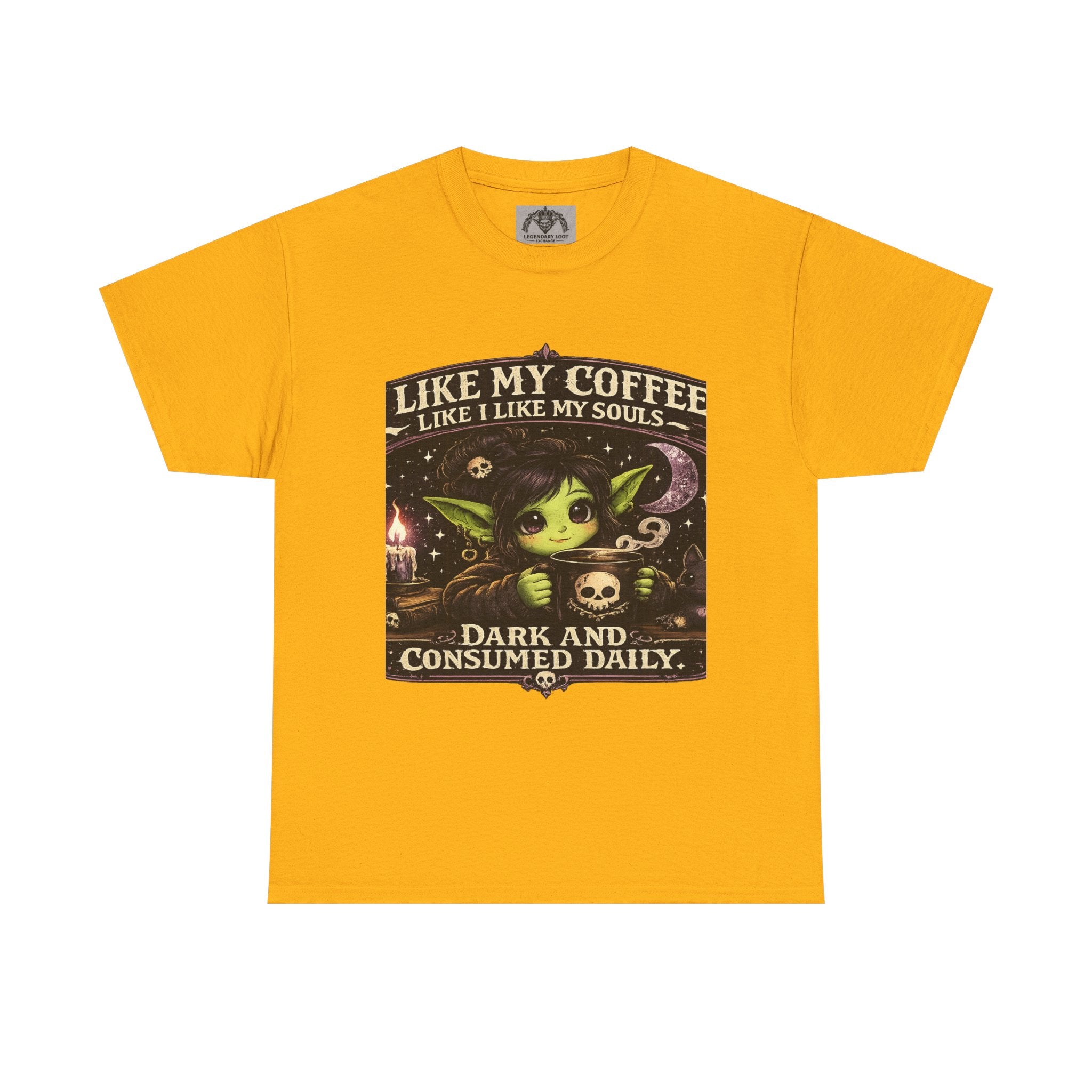 Like My Coffee Tee — "Like My Coffee Like I Like My Souls: Dark and Consumed Daily" Gothic Graphic T-Shirt