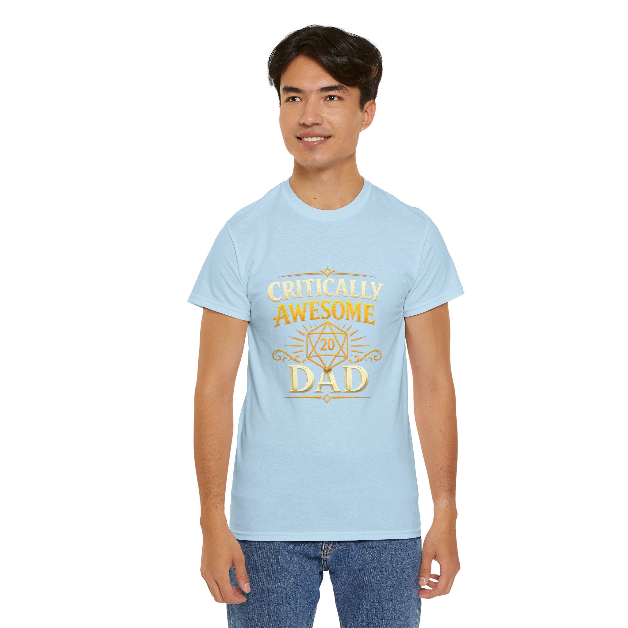Critically Awesome Dad T‑Shirt – Gold D20 Gaming Father Tee (Father’s Day, Gamer Dad Gift)