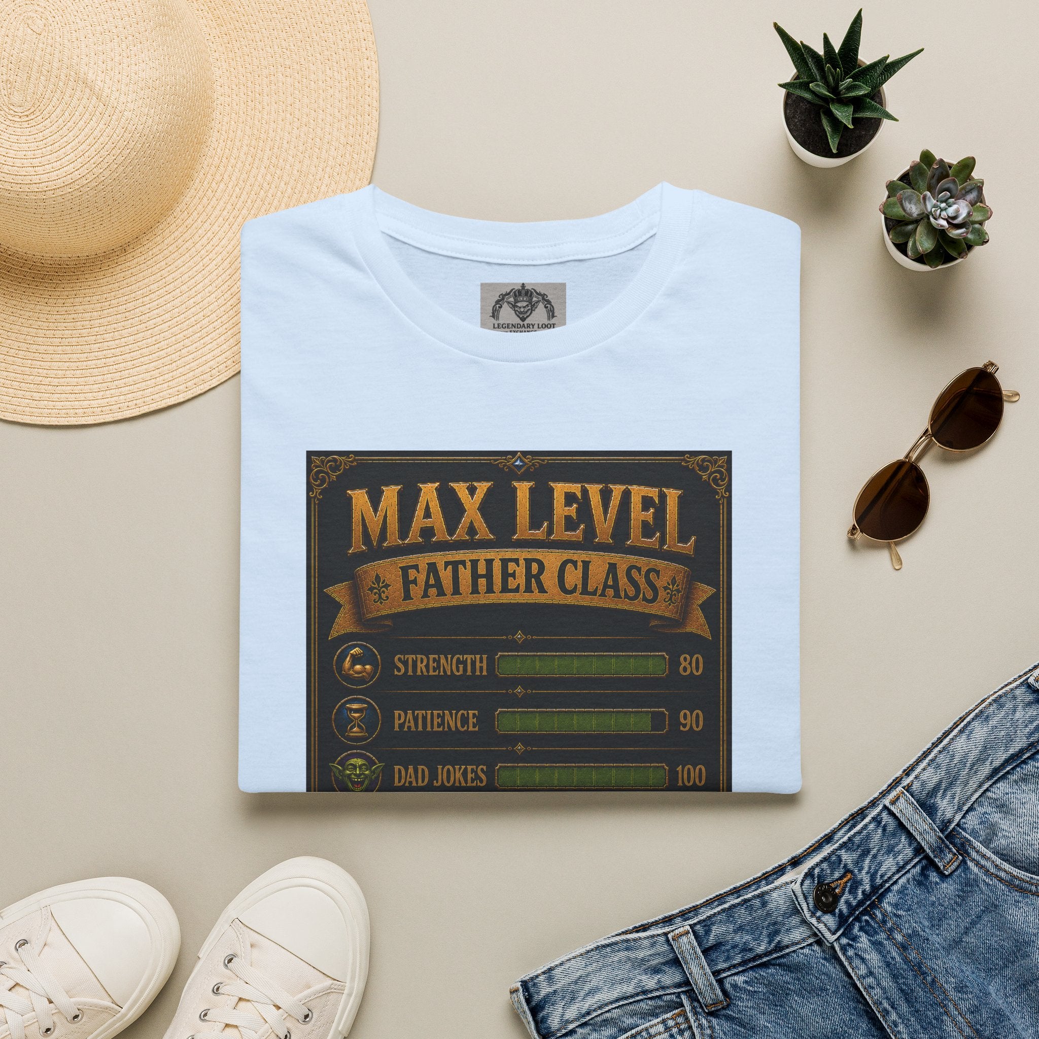 T-Shirt — "Max Level Father Class" Funny Gamer Dad Shirt (Strength, Patience, Dad Jokes)