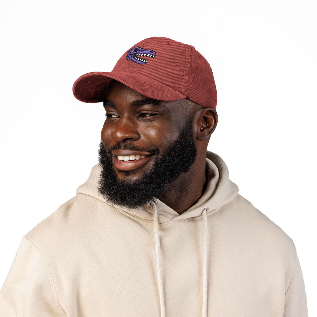 Vintage Corduroy Baseball Cap — Embroidered Purple Dino Skull