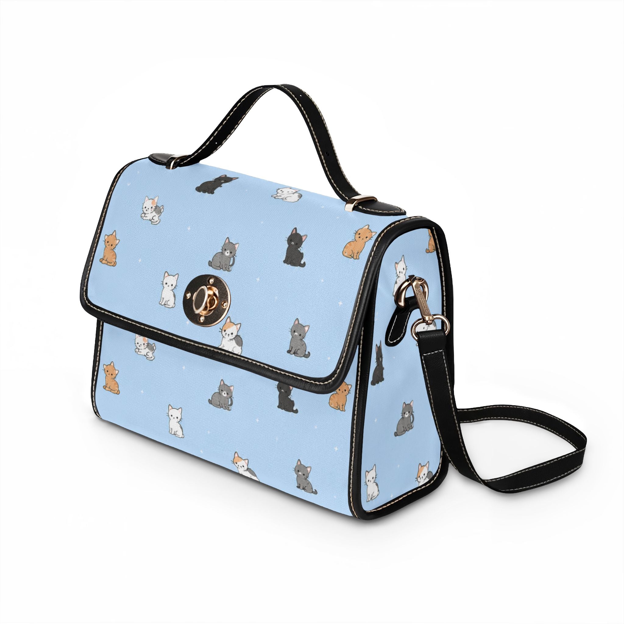 Cute Cat Pattern Waterproof Canvas Bag | Light Blue Cat Print Handbag
