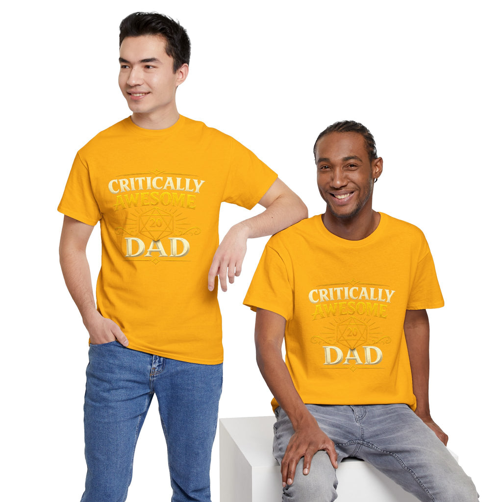 Critically Awesome Dad T‑Shirt – Gold D20 Gaming Father Tee (Father’s Day, Gamer Dad Gift)