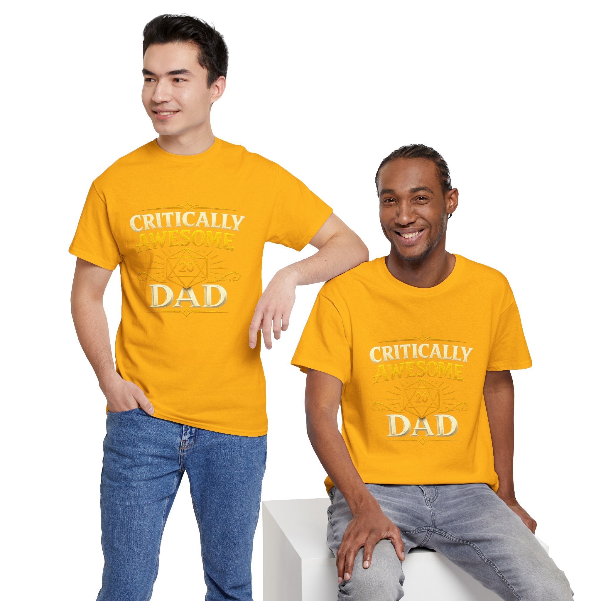 Critically Awesome Dad T‑Shirt – Gold D20 Gaming Father Tee (Father’s Day, Gamer Dad Gift)