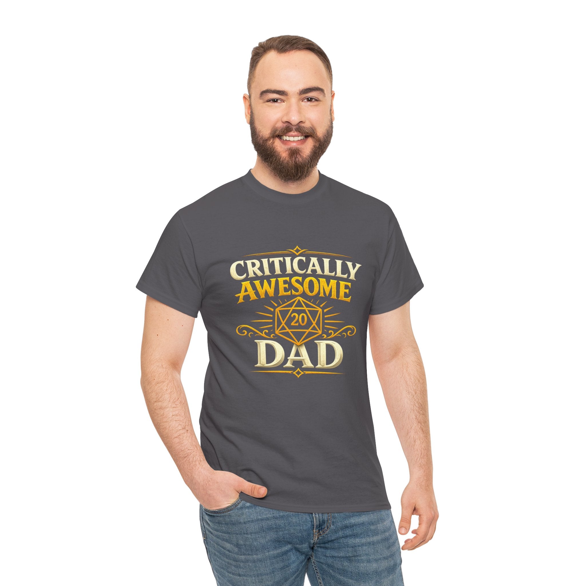 Critically Awesome Dad T‑Shirt – Gold D20 Gaming Father Tee (Father’s Day, Gamer Dad Gift)