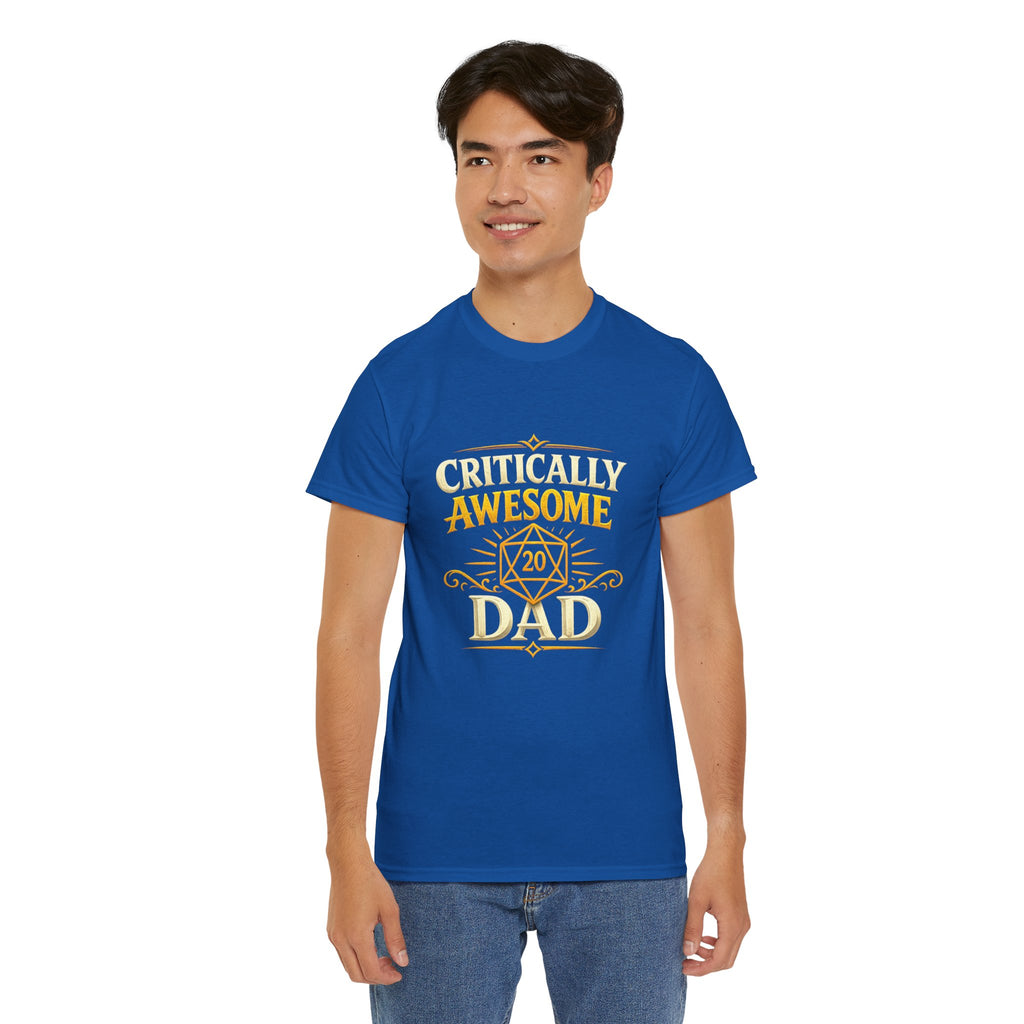 Critically Awesome Dad T‑Shirt – Gold D20 Gaming Father Tee (Father’s Day, Gamer Dad Gift)
