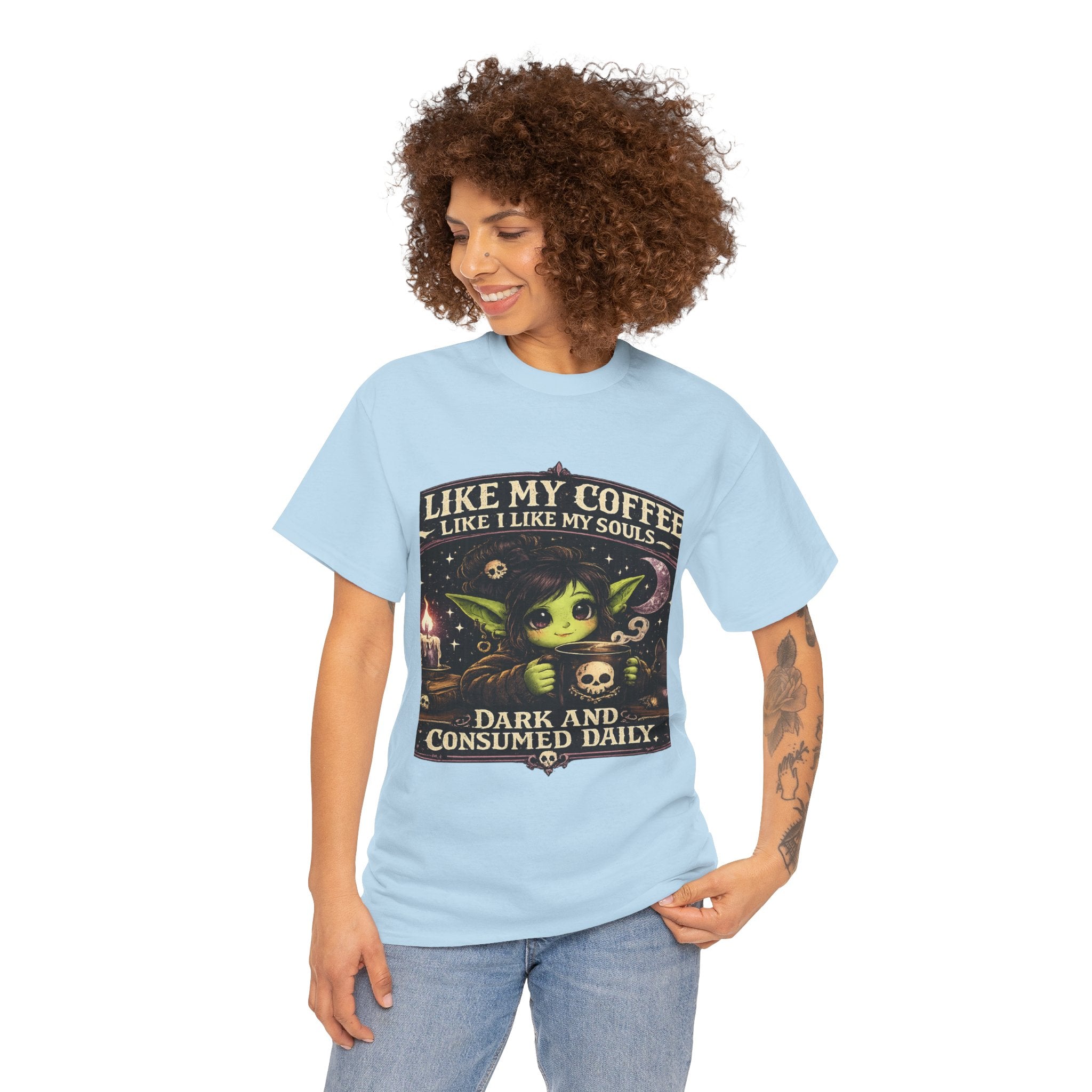 Like My Coffee Tee — "Like My Coffee Like I Like My Souls: Dark and Consumed Daily" Gothic Graphic T-Shirt