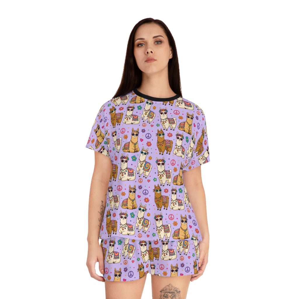Llama Party Women’s Short Pajama Set — Cute Purple All-Over Print Sleepwear