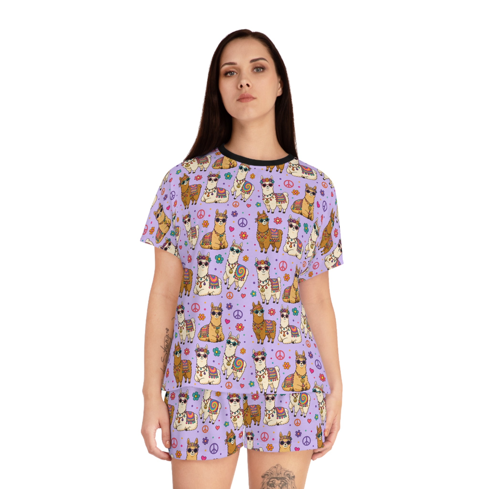 Llama Party Women’s Short Pajama Set — Cute Purple All-Over Print Sleepwear