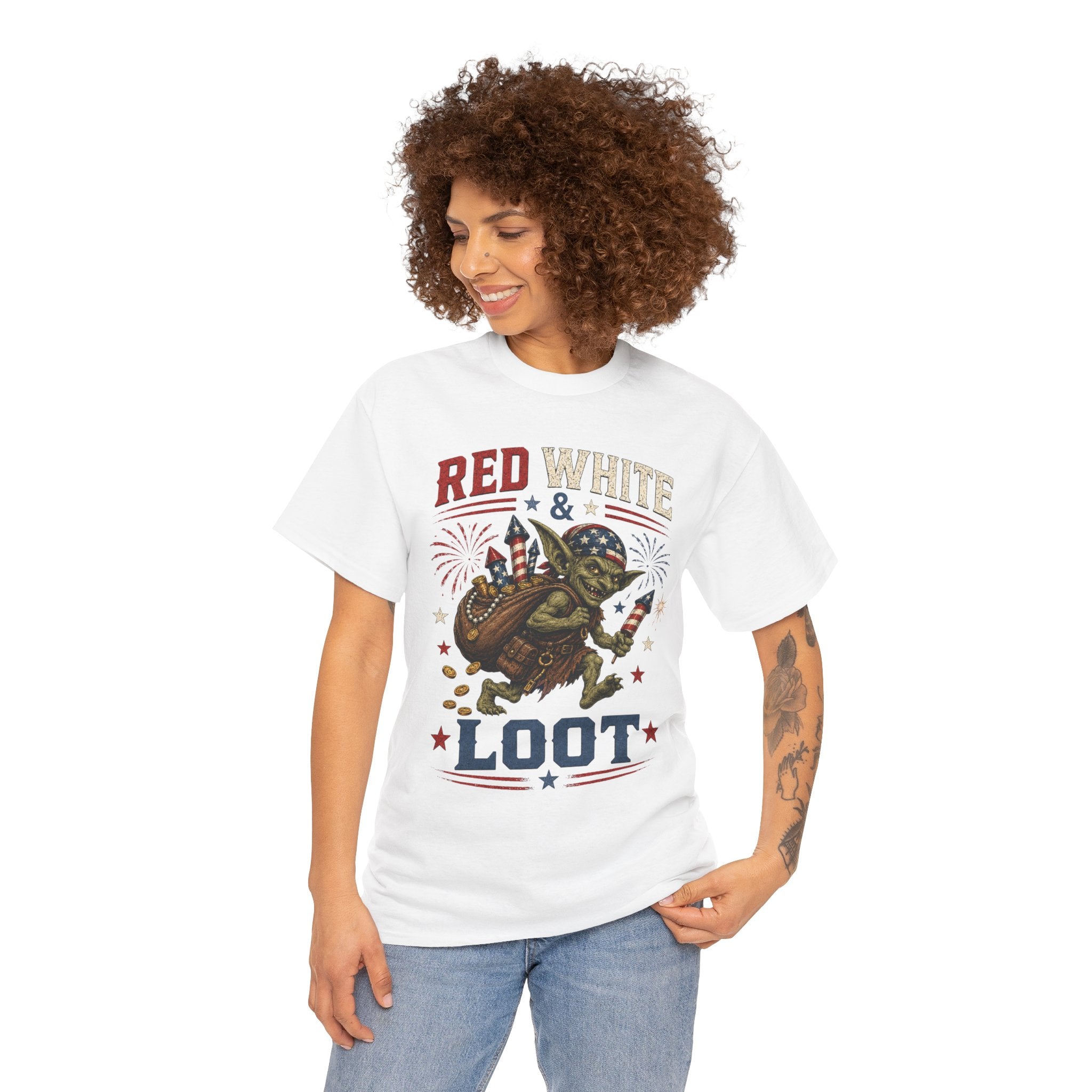 Red White & Loot Goblin Illustration Tee | Patriotic Fourth of July Shirt