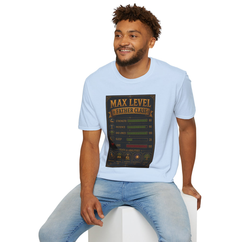 T-Shirt — "Max Level Father Class" Funny Gamer Dad Shirt (Strength, Patience, Dad Jokes)