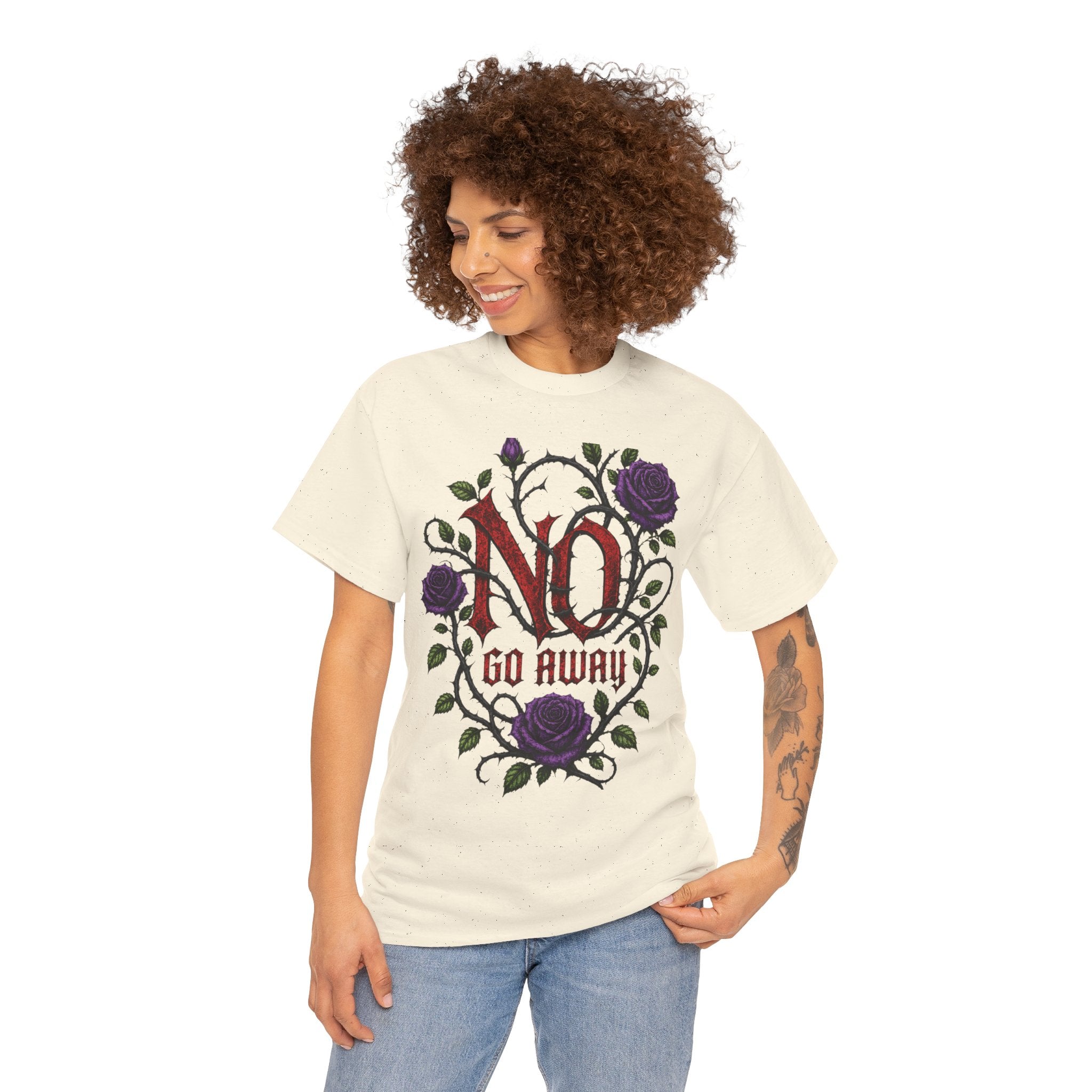 No Go Away T-Shirt | Gothic Purple Roses, Dark Floral Typography