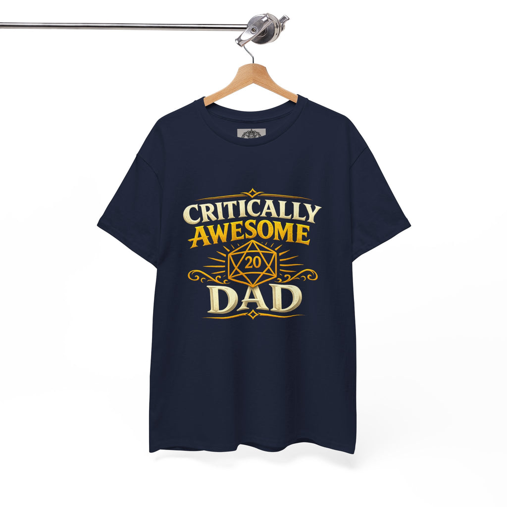 Critically Awesome Dad T‑Shirt – Gold D20 Gaming Father Tee (Father’s Day, Gamer Dad Gift)