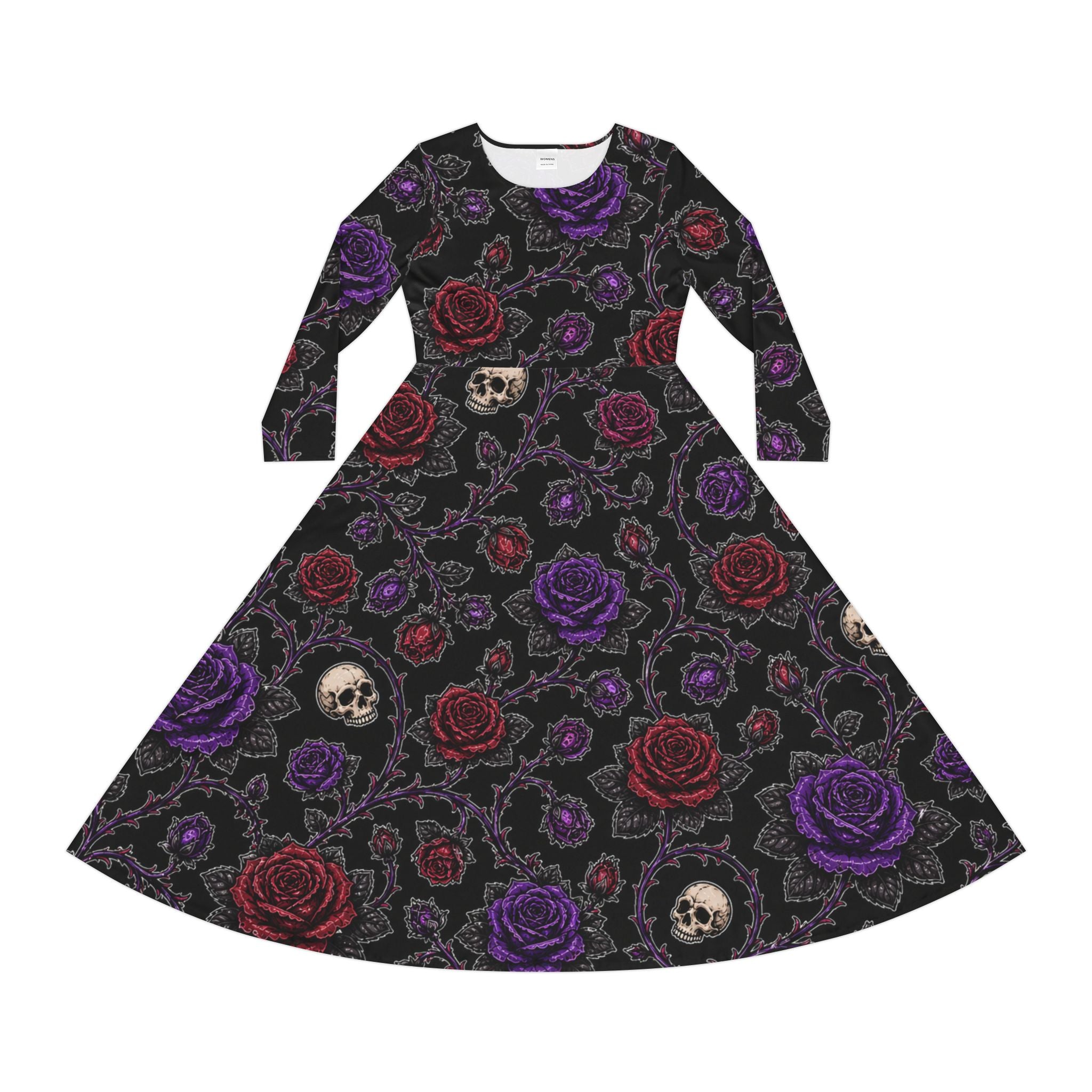 Gothic Skull & Roses Dress | Long Sleeve Floral Skull Pattern