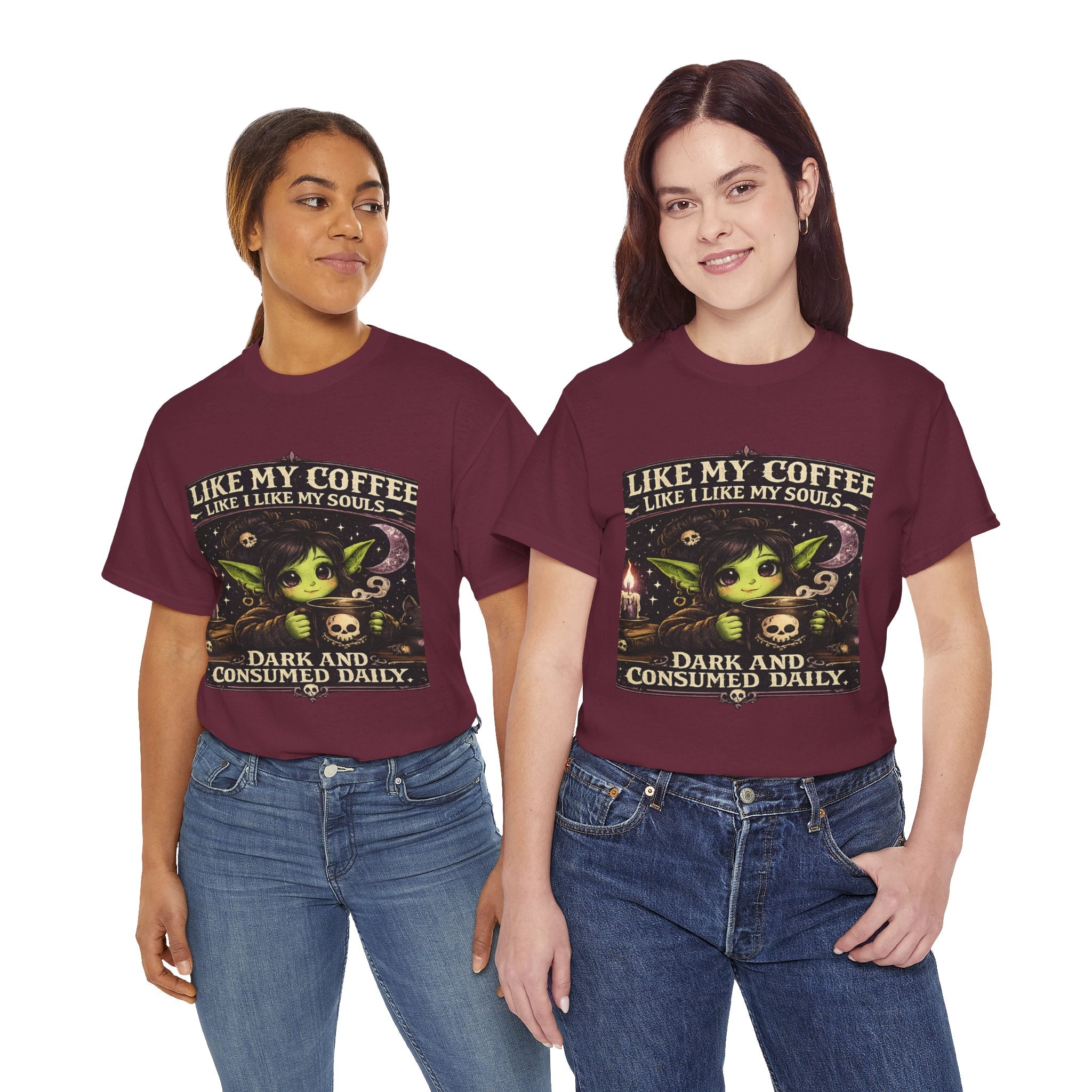 Like My Coffee Tee — "Like My Coffee Like I Like My Souls: Dark and Consumed Daily" Gothic Graphic T-Shirt