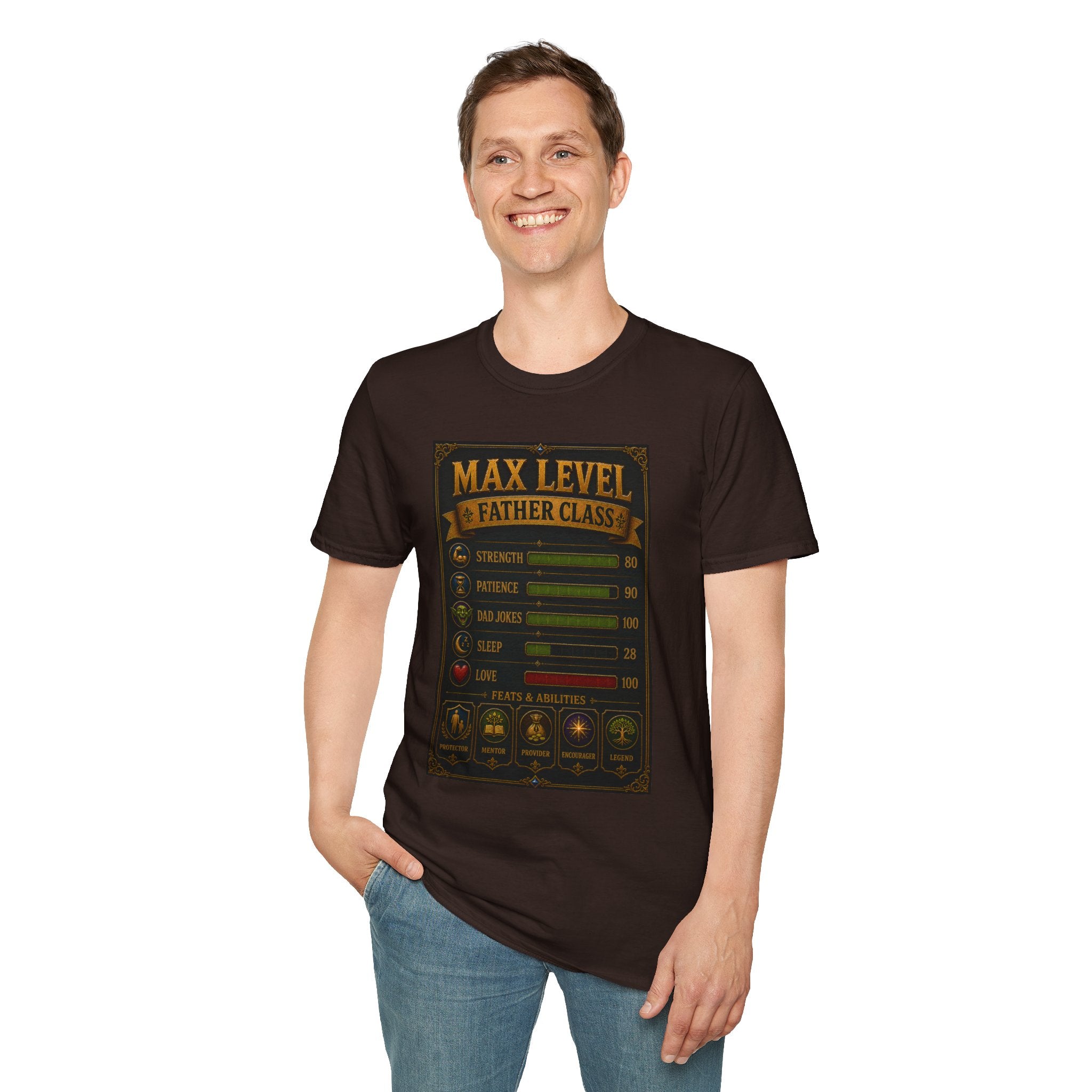 T-Shirt — "Max Level Father Class" Funny Gamer Dad Shirt (Strength, Patience, Dad Jokes)