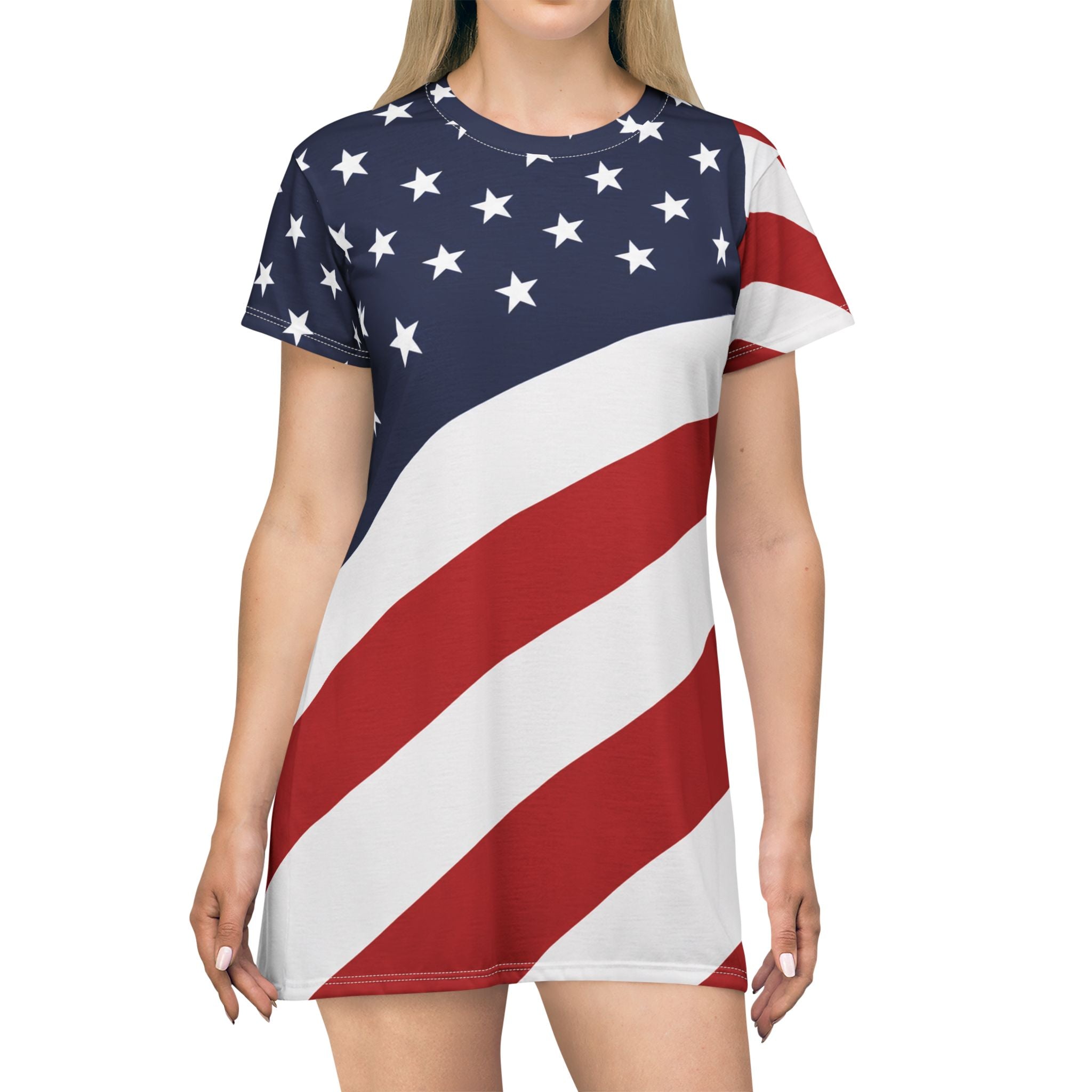 American Flag T‑Shirt Dress — All‑Over Print Patriotic Stars & Stripes