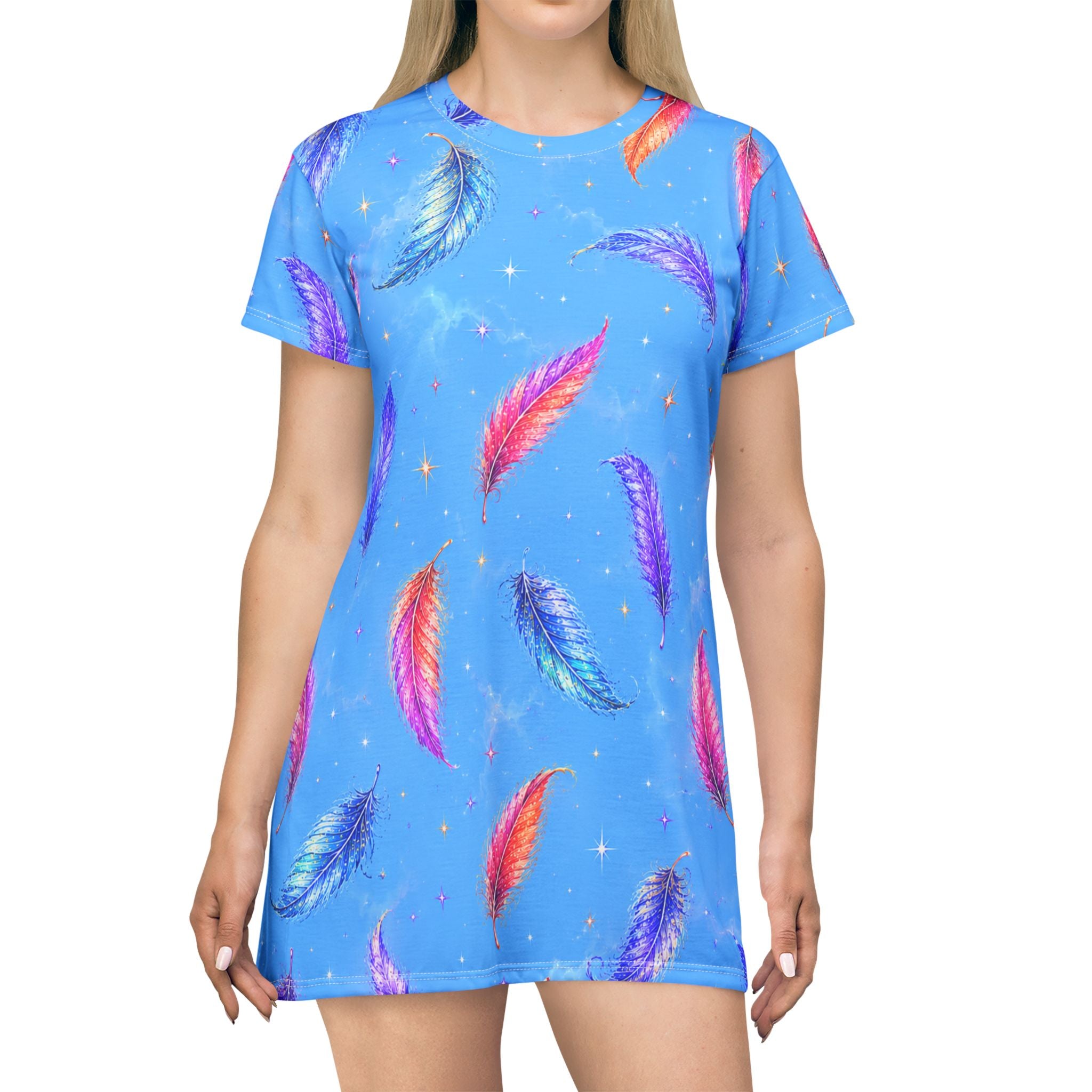 Feather Dream T-Shirt Dress - Colorful Watercolor Feathers AOP