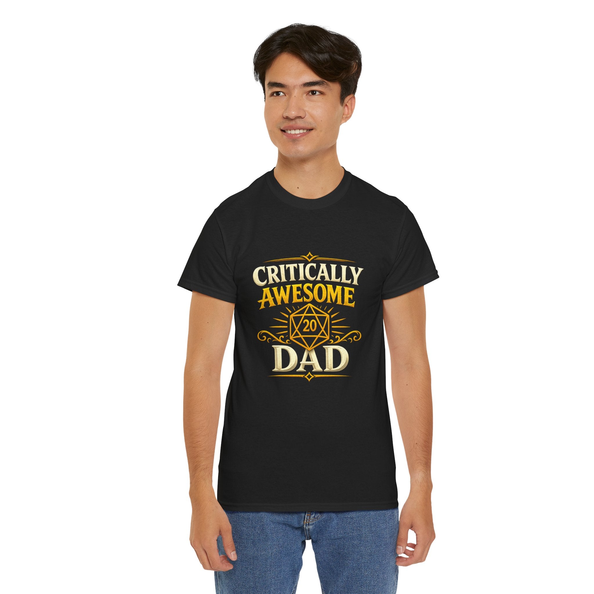Critically Awesome Dad T‑Shirt – Gold D20 Gaming Father Tee (Father’s Day, Gamer Dad Gift)