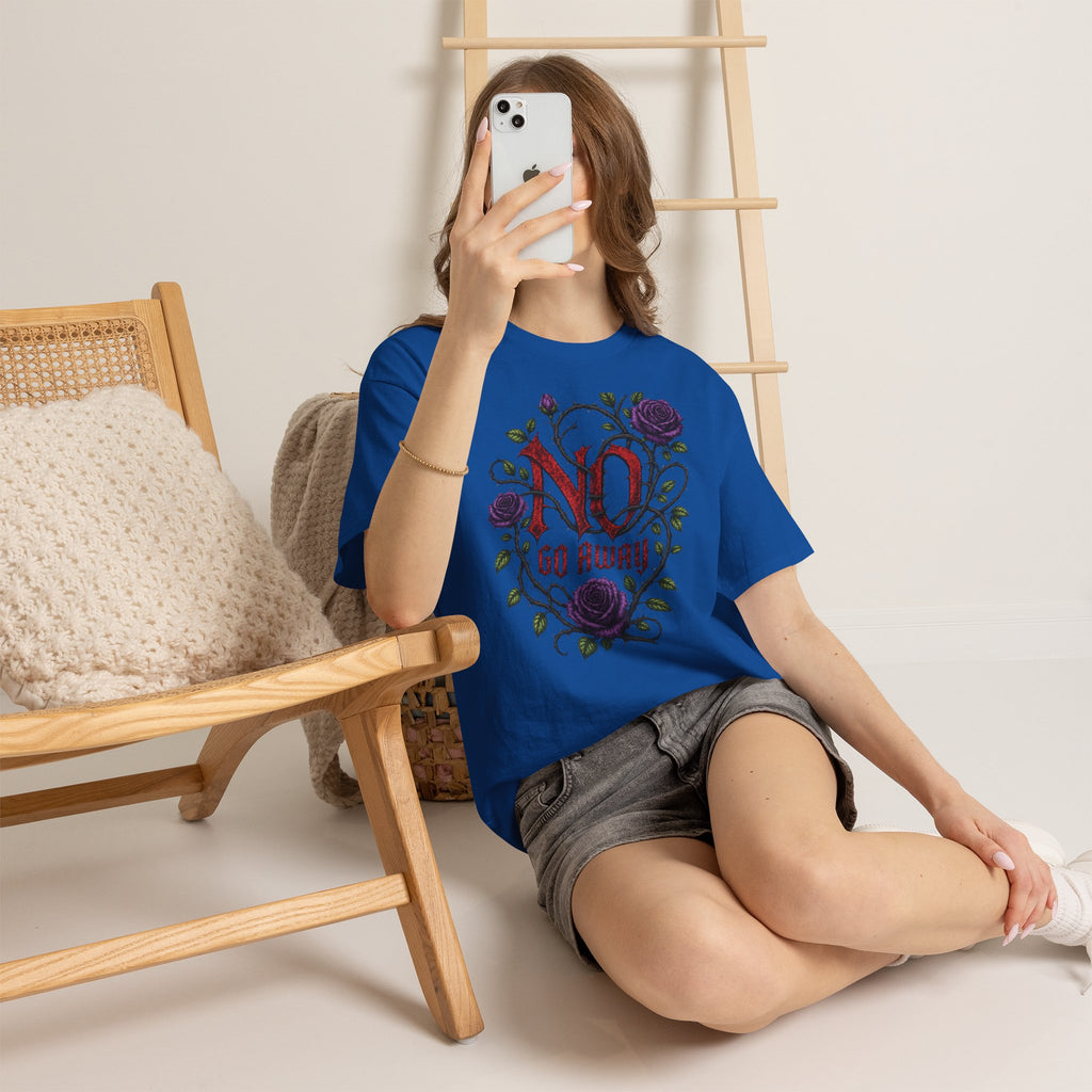 No Go Away T-Shirt | Gothic Purple Roses, Dark Floral Typography