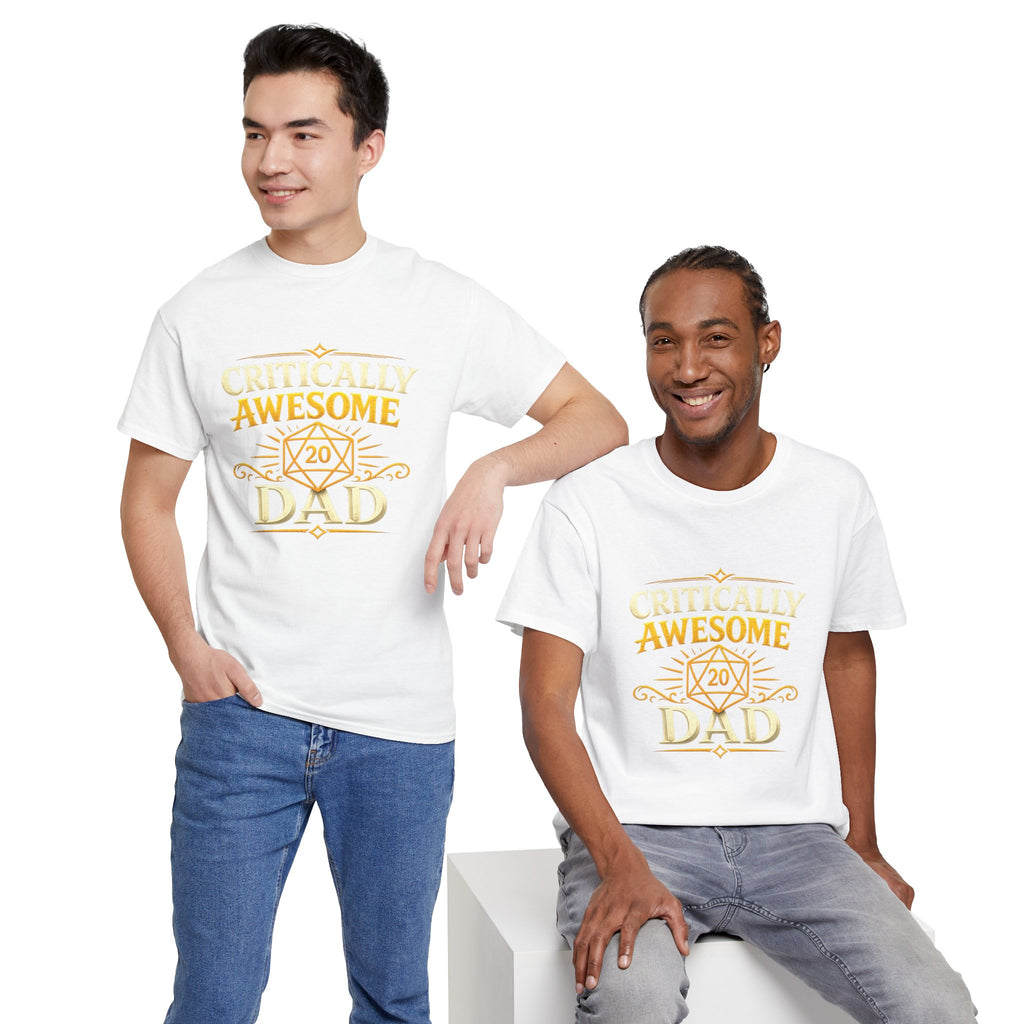 Critically Awesome Dad T‑Shirt – Gold D20 Gaming Father Tee (Father’s Day, Gamer Dad Gift)