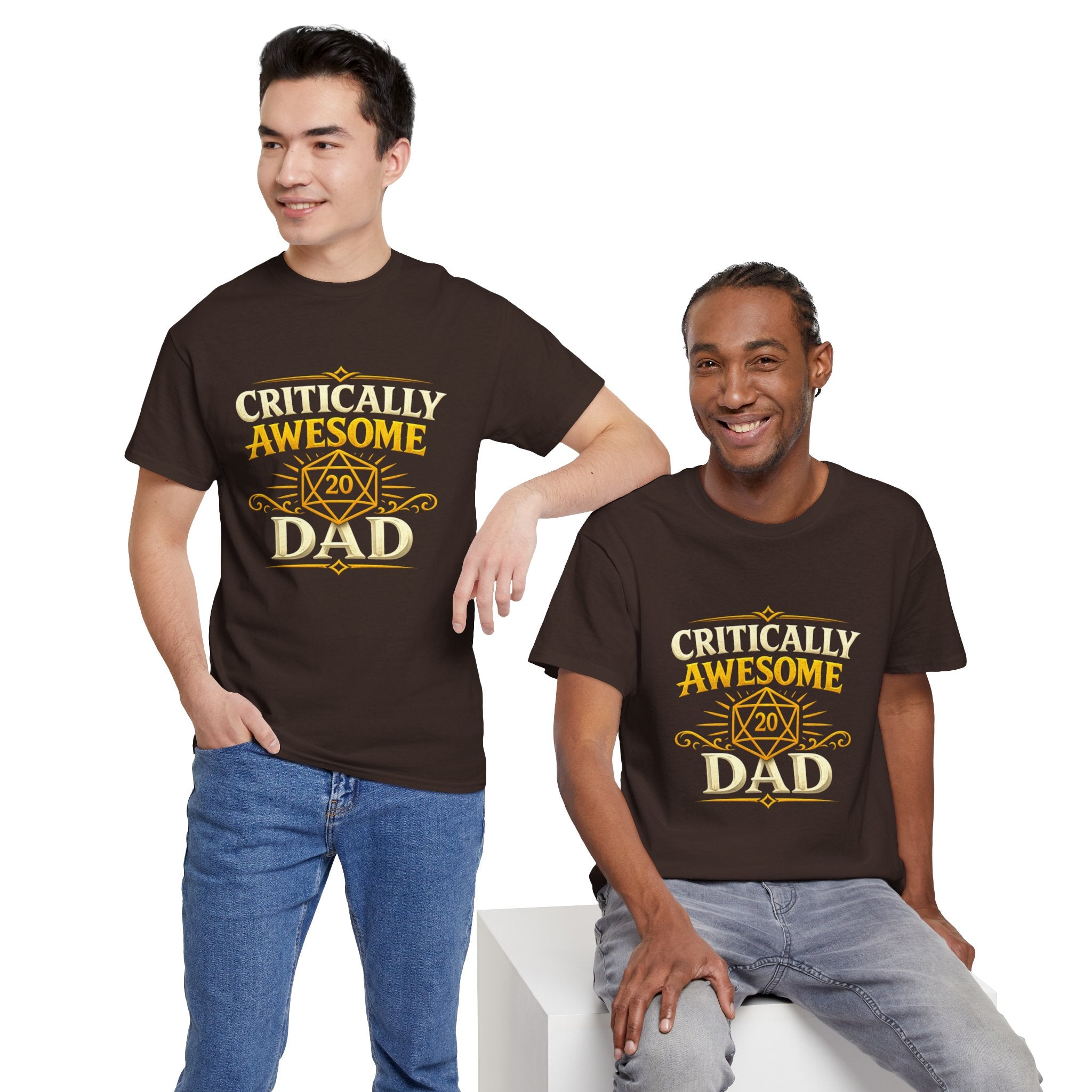 Critically Awesome Dad T‑Shirt – Gold D20 Gaming Father Tee (Father’s Day, Gamer Dad Gift)