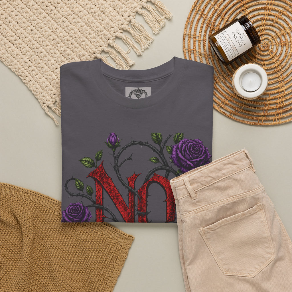 No Go Away T-Shirt | Gothic Purple Roses, Dark Floral Typography