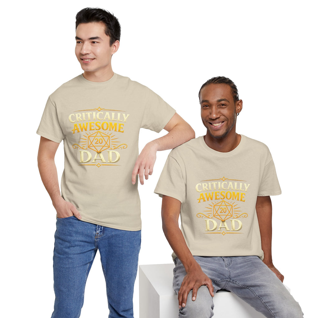 Critically Awesome Dad T‑Shirt – Gold D20 Gaming Father Tee (Father’s Day, Gamer Dad Gift)