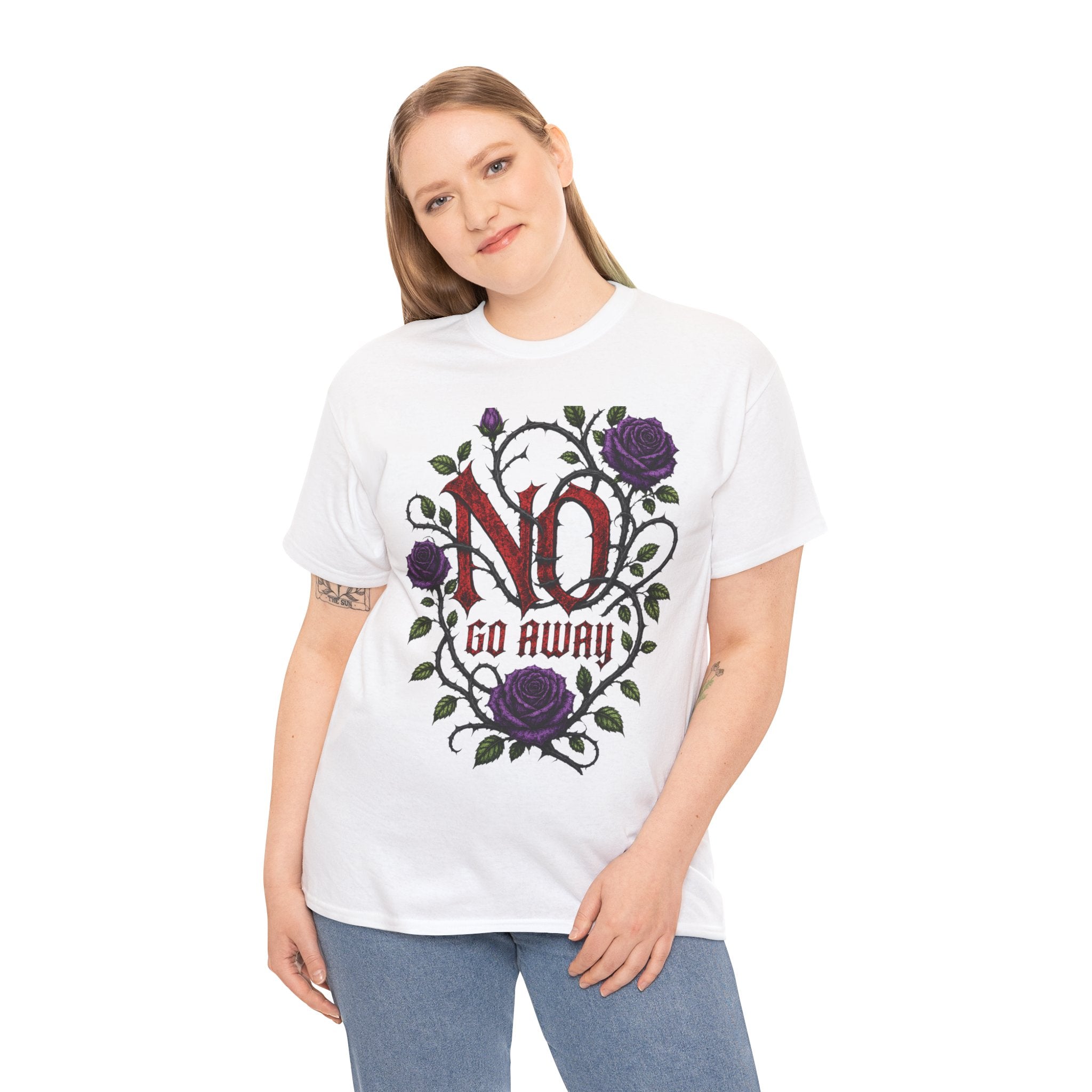 No Go Away T-Shirt | Gothic Purple Roses, Dark Floral Typography