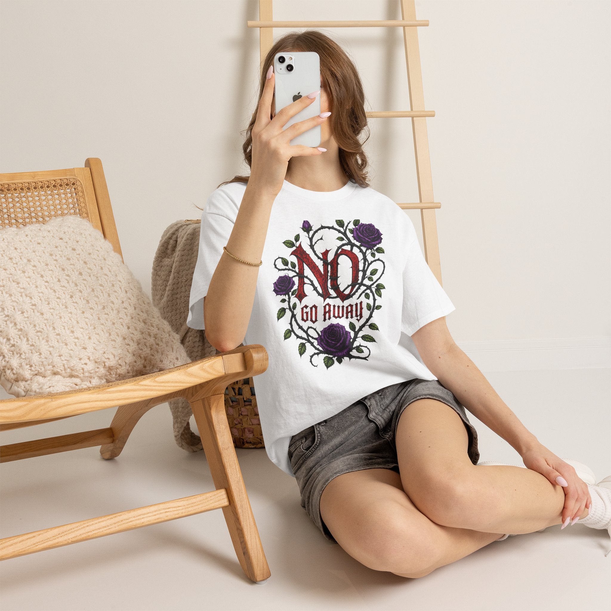 No Go Away T-Shirt | Gothic Purple Roses, Dark Floral Typography