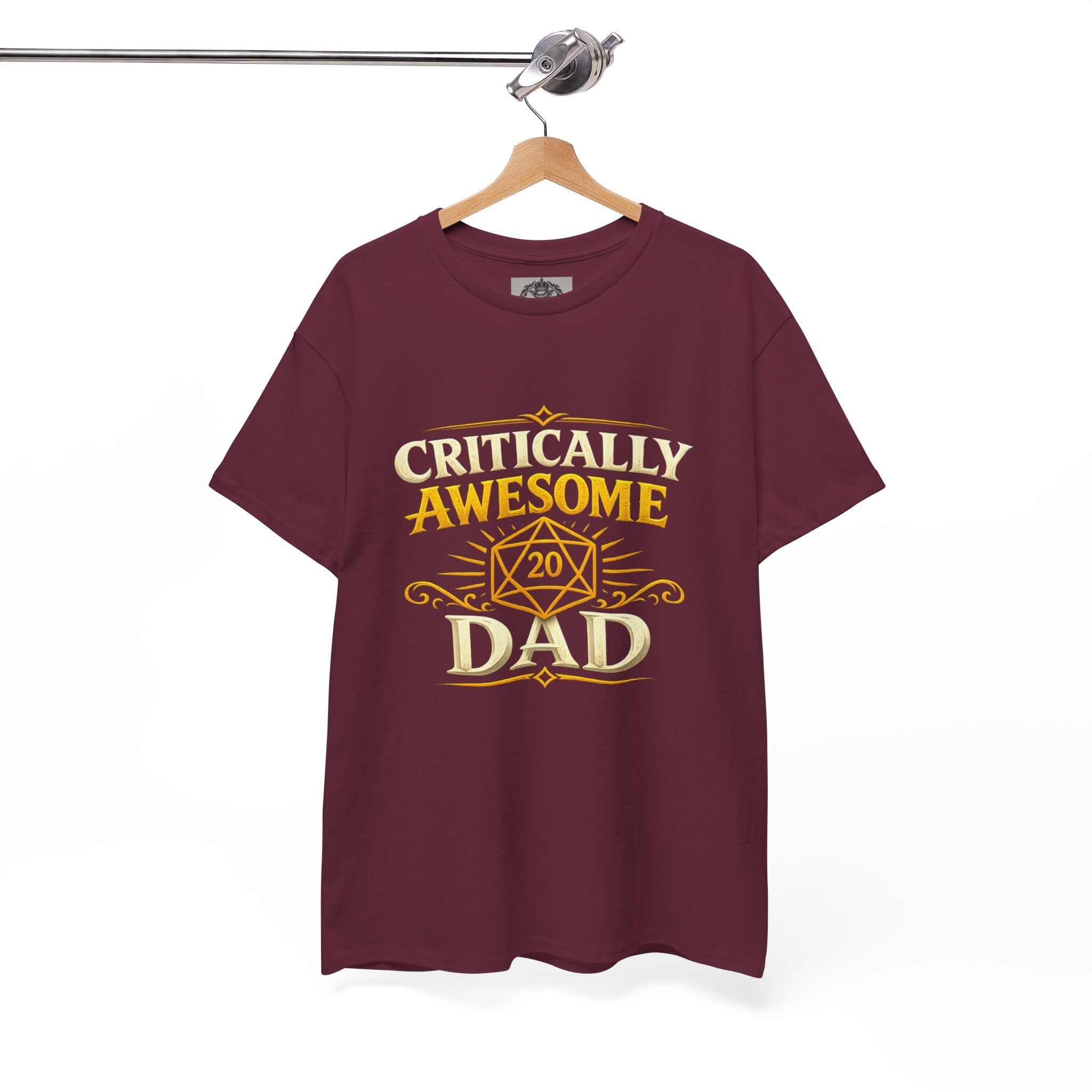 Critically Awesome Dad T‑Shirt – Gold D20 Gaming Father Tee (Father’s Day, Gamer Dad Gift)