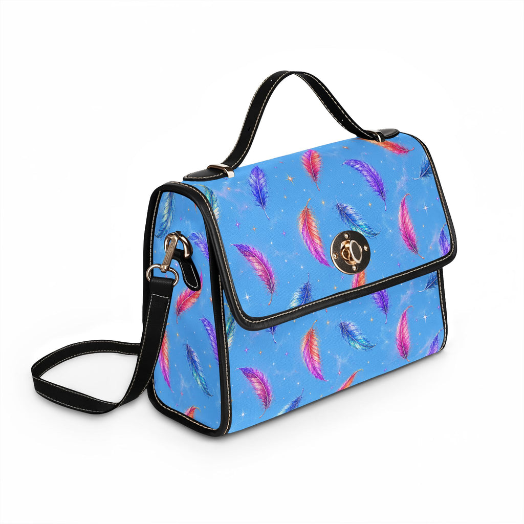 Colorful Watercolor Feathers Waterproof Canvas Bag | Blue Feather Print Tote