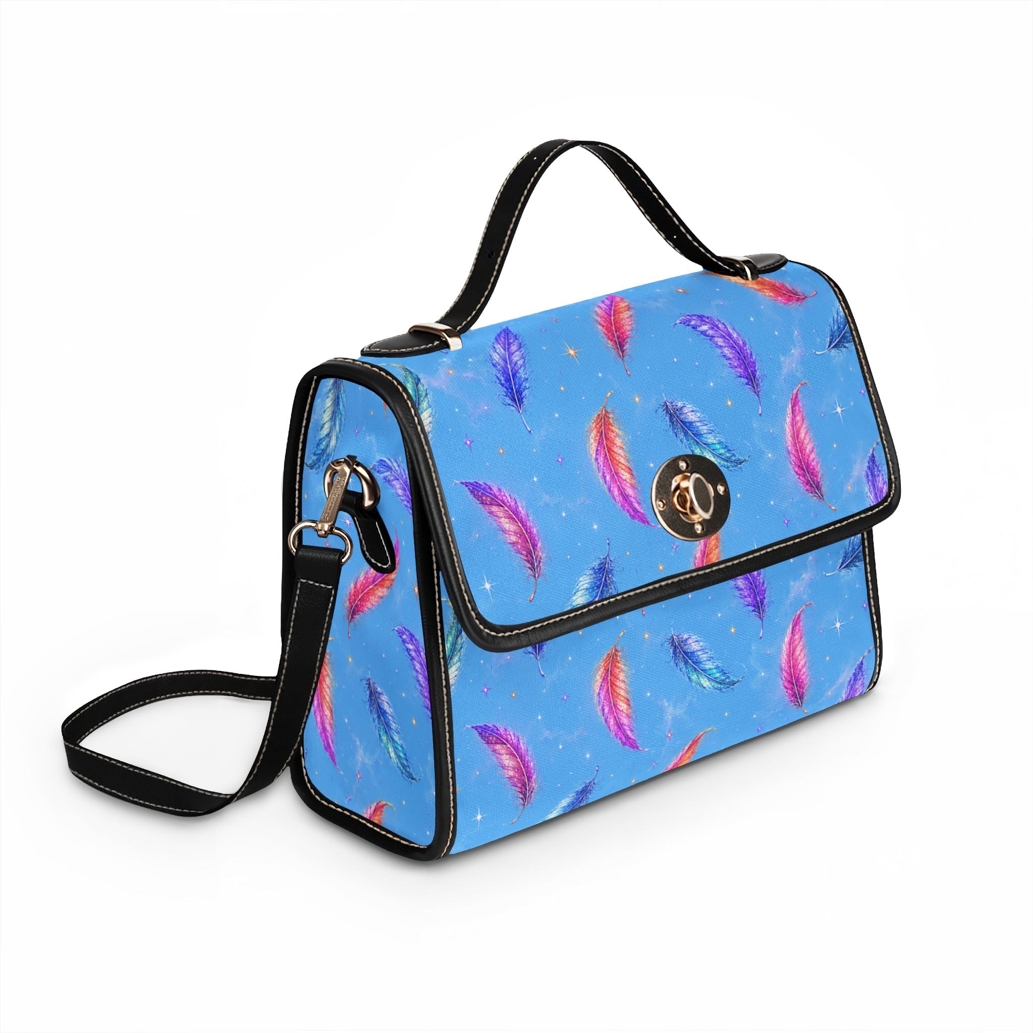 Colorful Watercolor Feathers Waterproof Canvas Bag | Blue Feather Print Tote