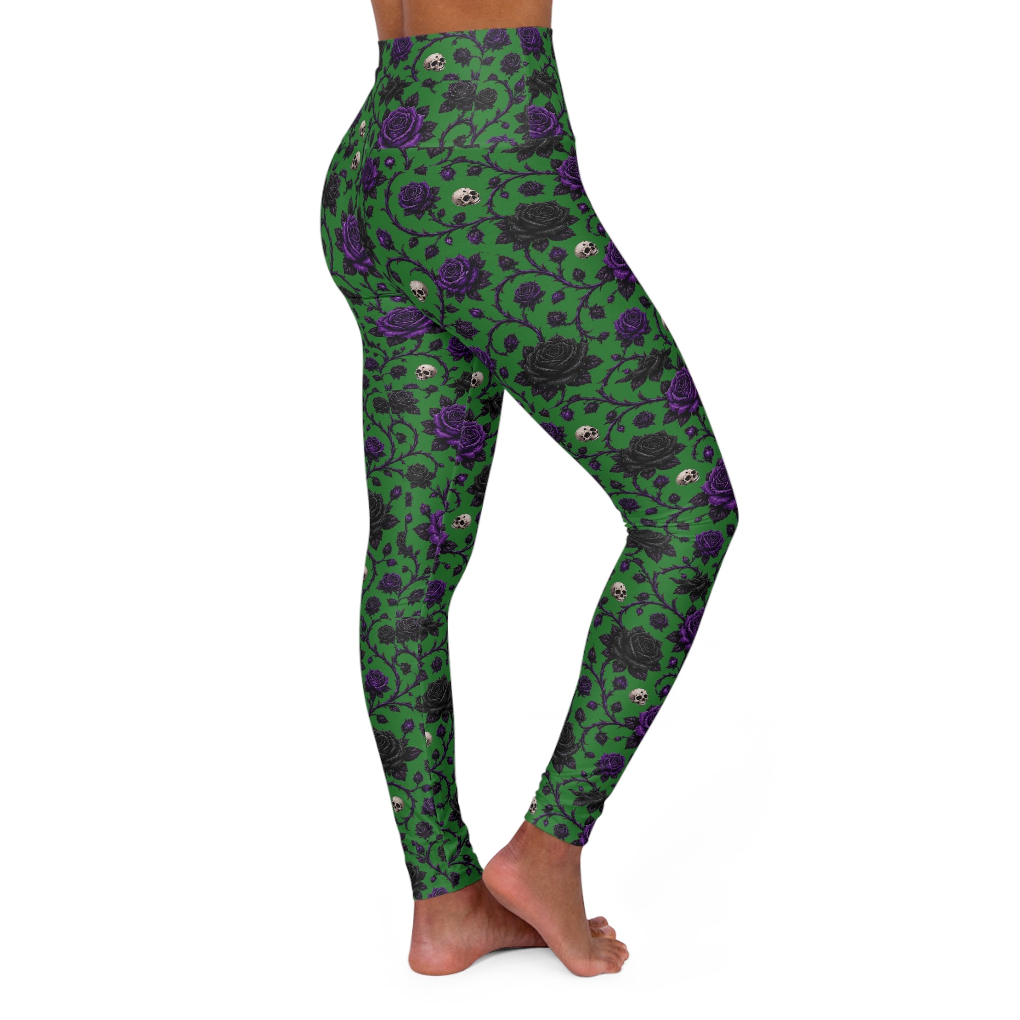 High-Waist Floral Skull Yoga Leggings — Green & Purple All-Over Print