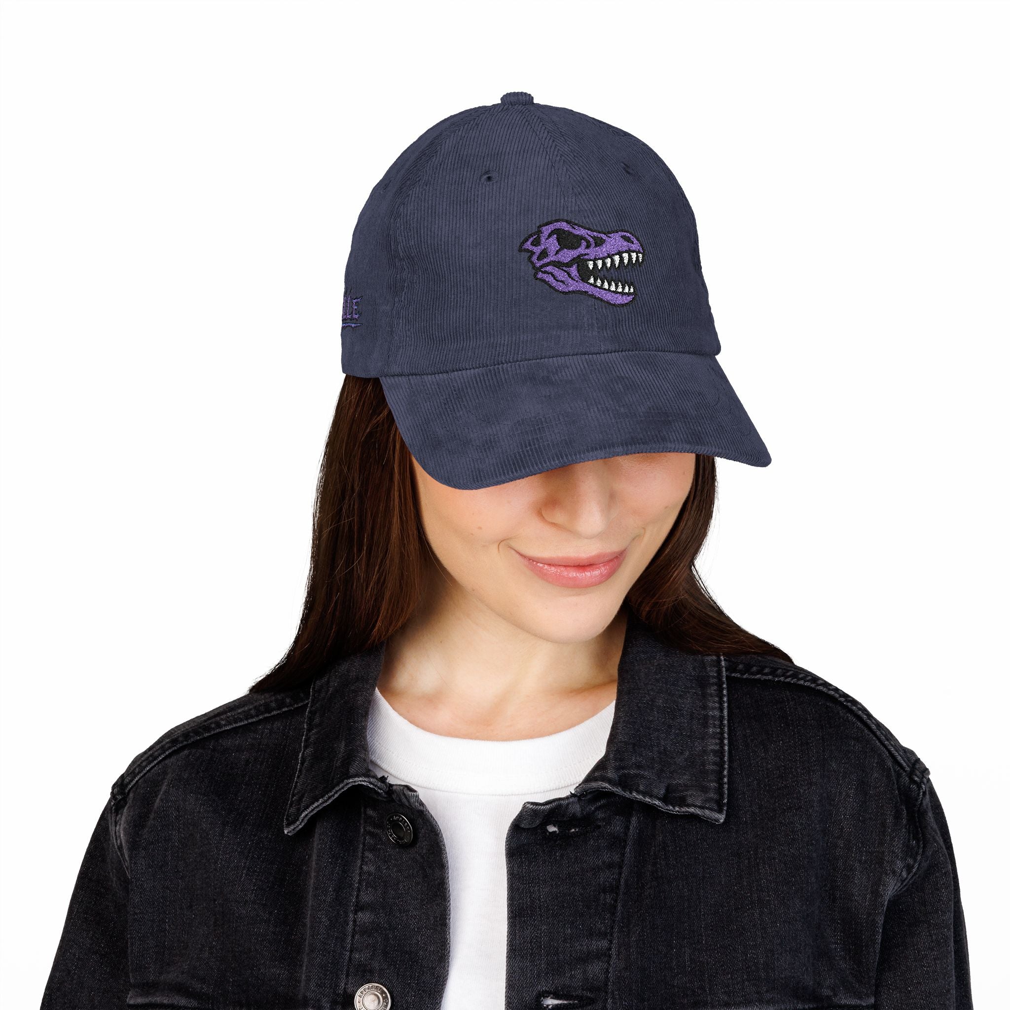 Vintage Corduroy Baseball Cap — Embroidered Purple Dino Skull