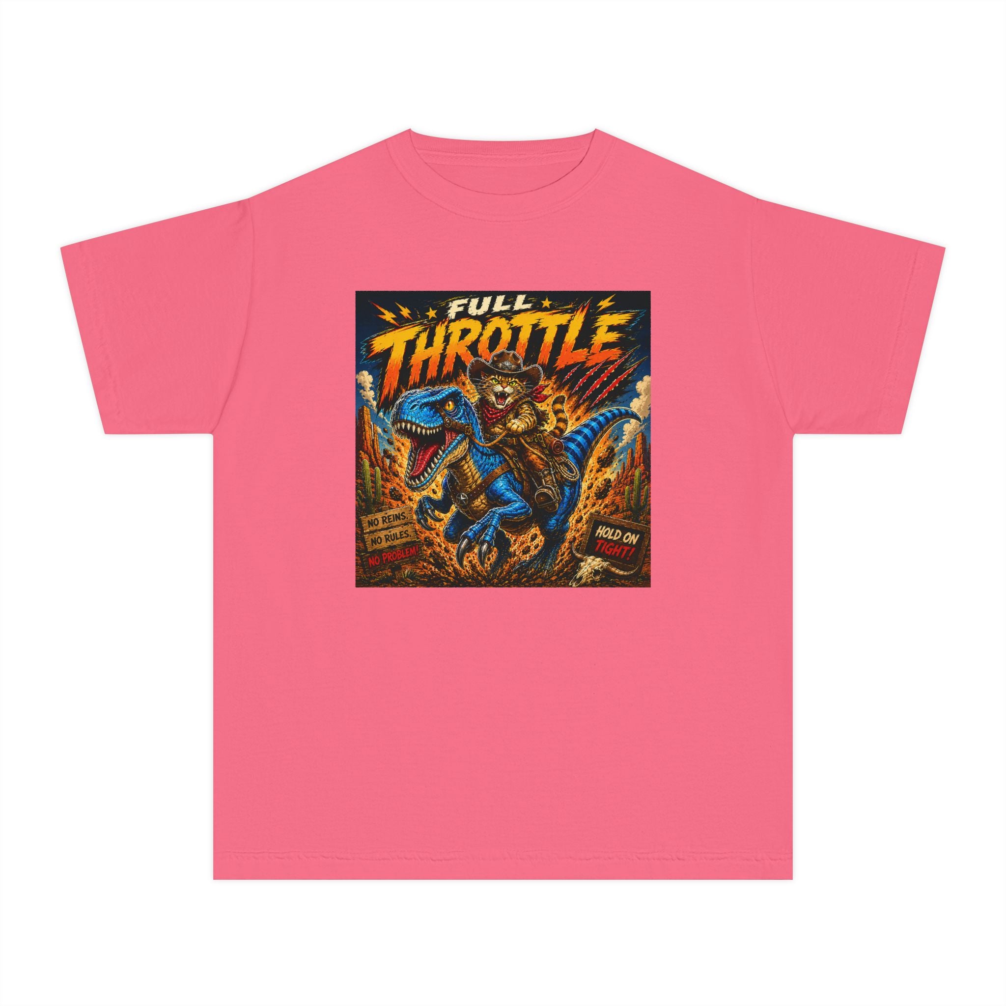 Full Throttle Kids Shirt | Cowboy Riding Dinosaur Tee | Retro Raptor Youth Shirt
