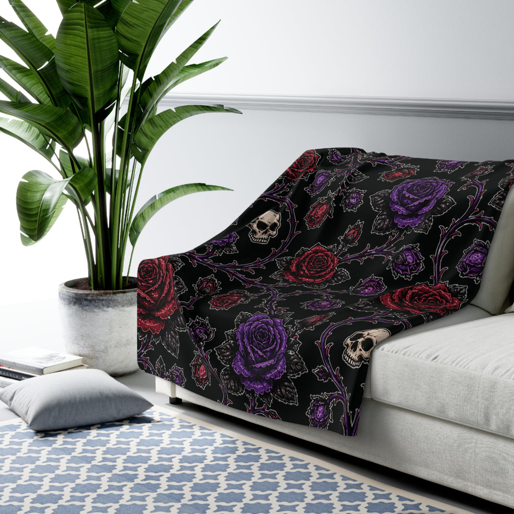 Gothic Skull and Roses Sherpa Blanket | Dark Floral Skull Throw