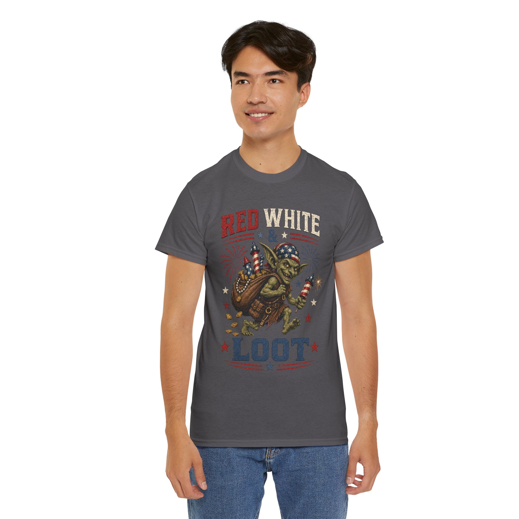 Red White & Loot Goblin Illustration Tee | Patriotic Fourth of July Shirt